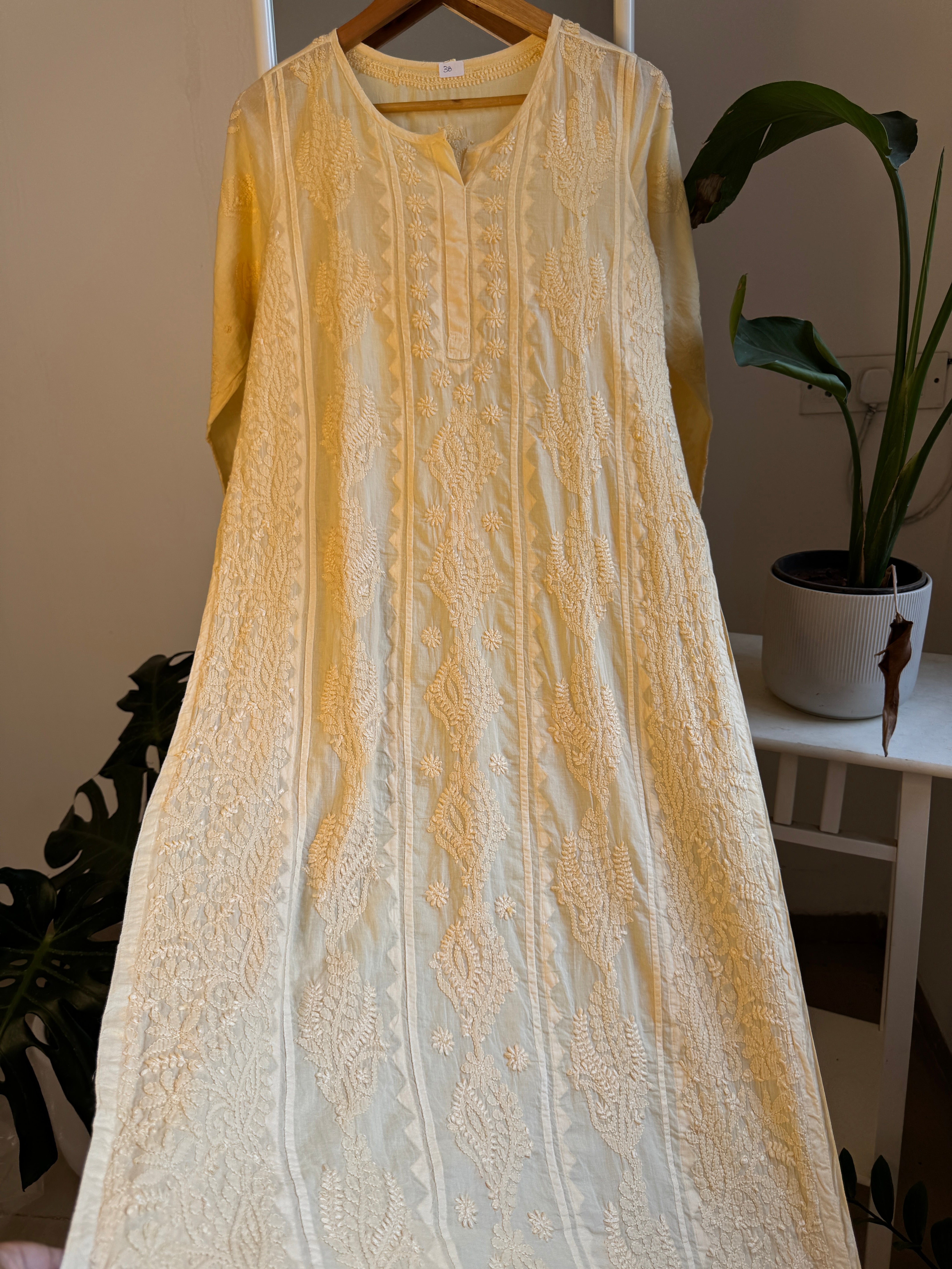 Mul Cotton Cream Yellow Chikankari Kurti - Bela Collection ARIAA CHIKANKARI 