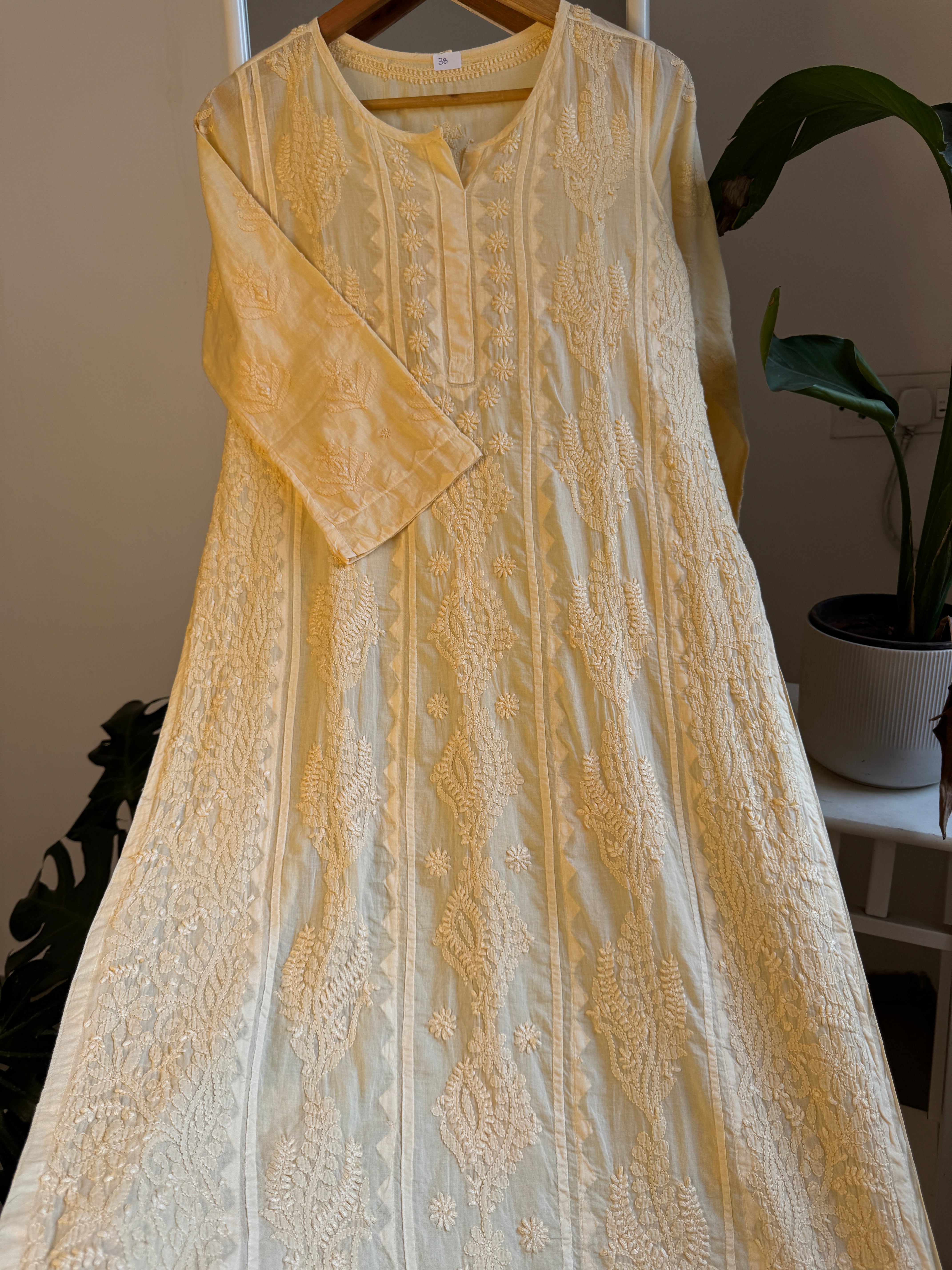 Mul Cotton Cream Yellow Chikankari Kurti - Bela Collection