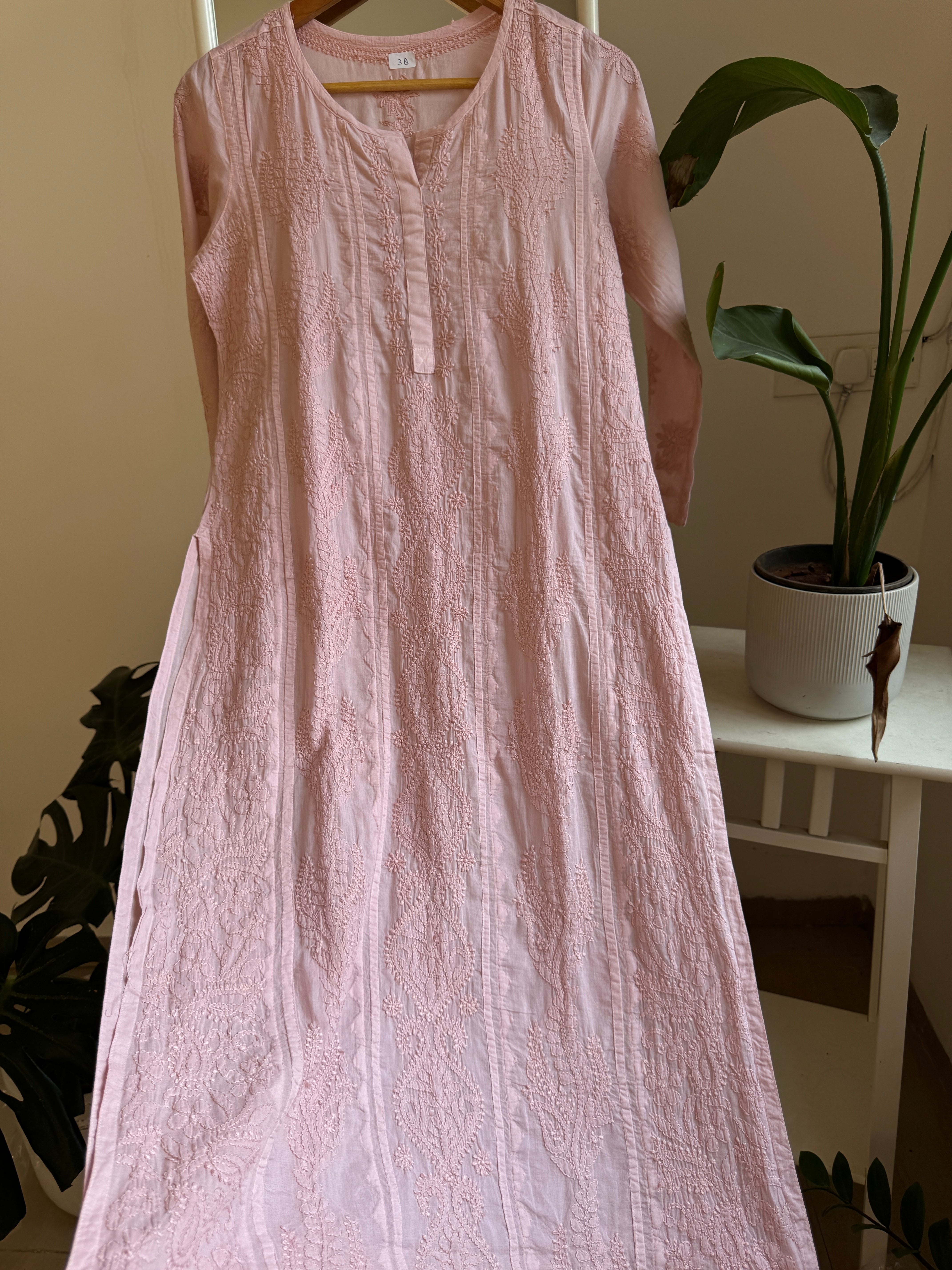 Mul Cotton Pale Pink Chikankari Kurti - Bela Collection