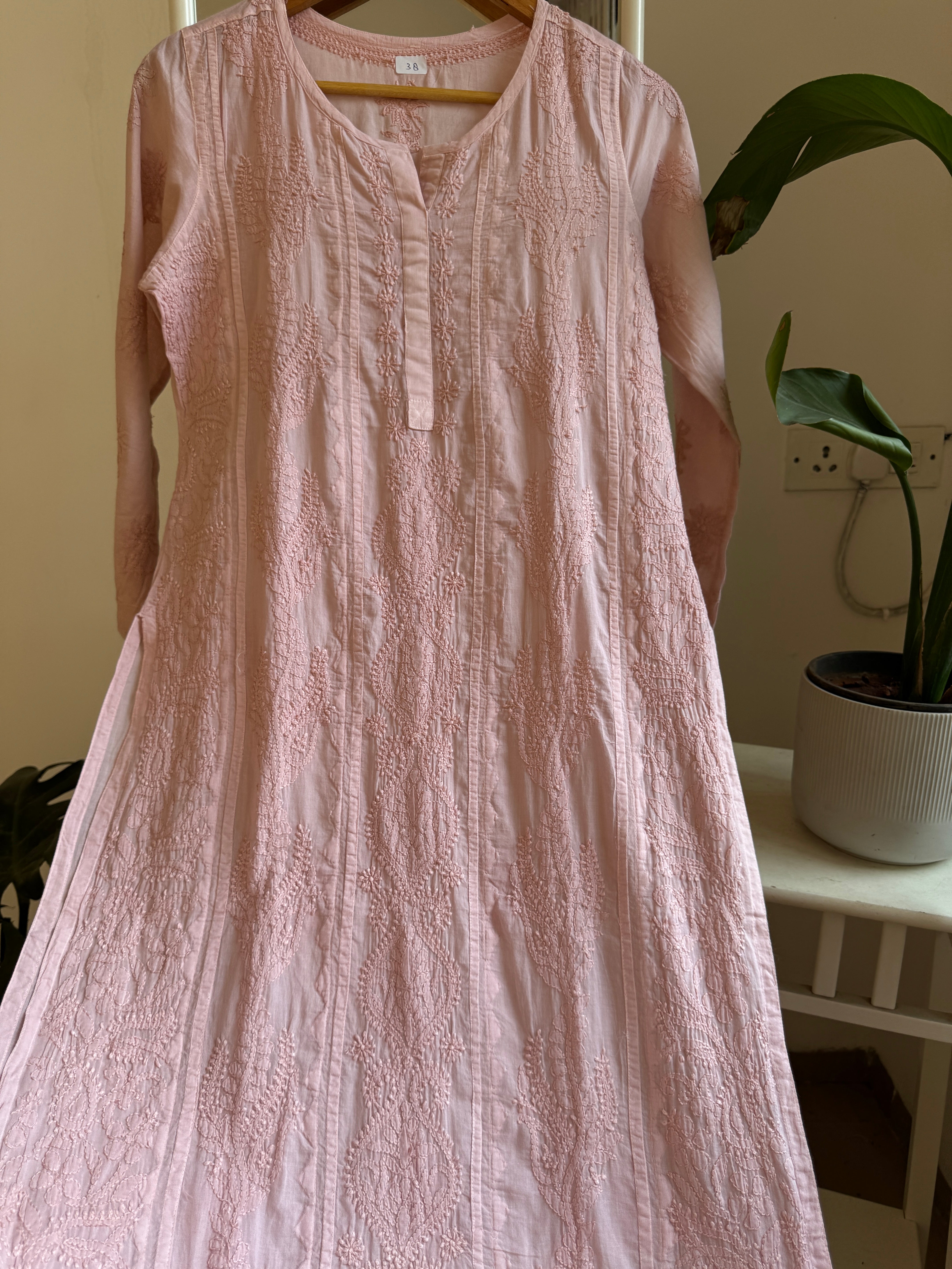 Mul Cotton Pale Pink Chikankari Kurti - Bela Collection