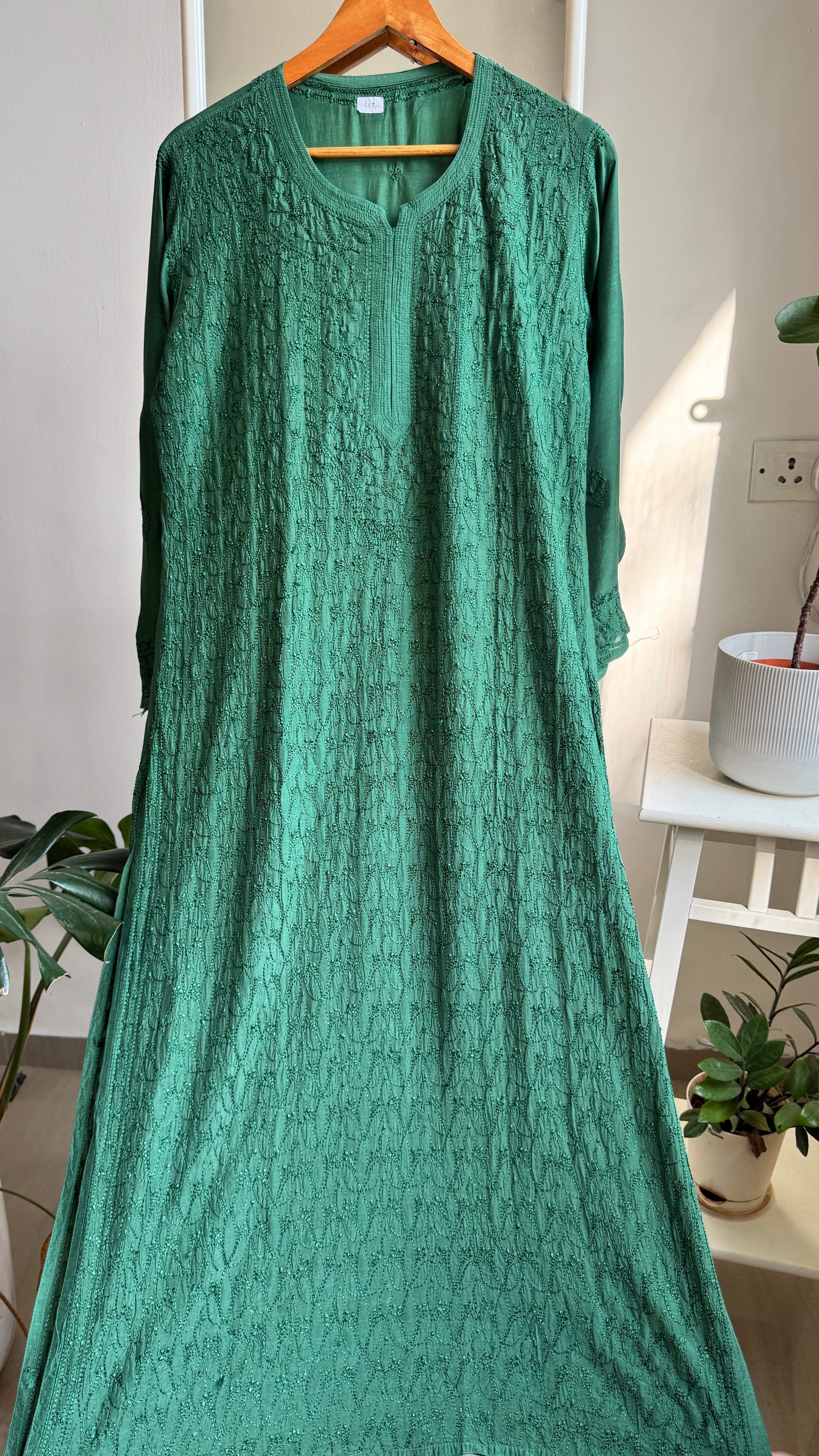 Muslin Chikankari Kurti - Dark Green - BERRY Collection