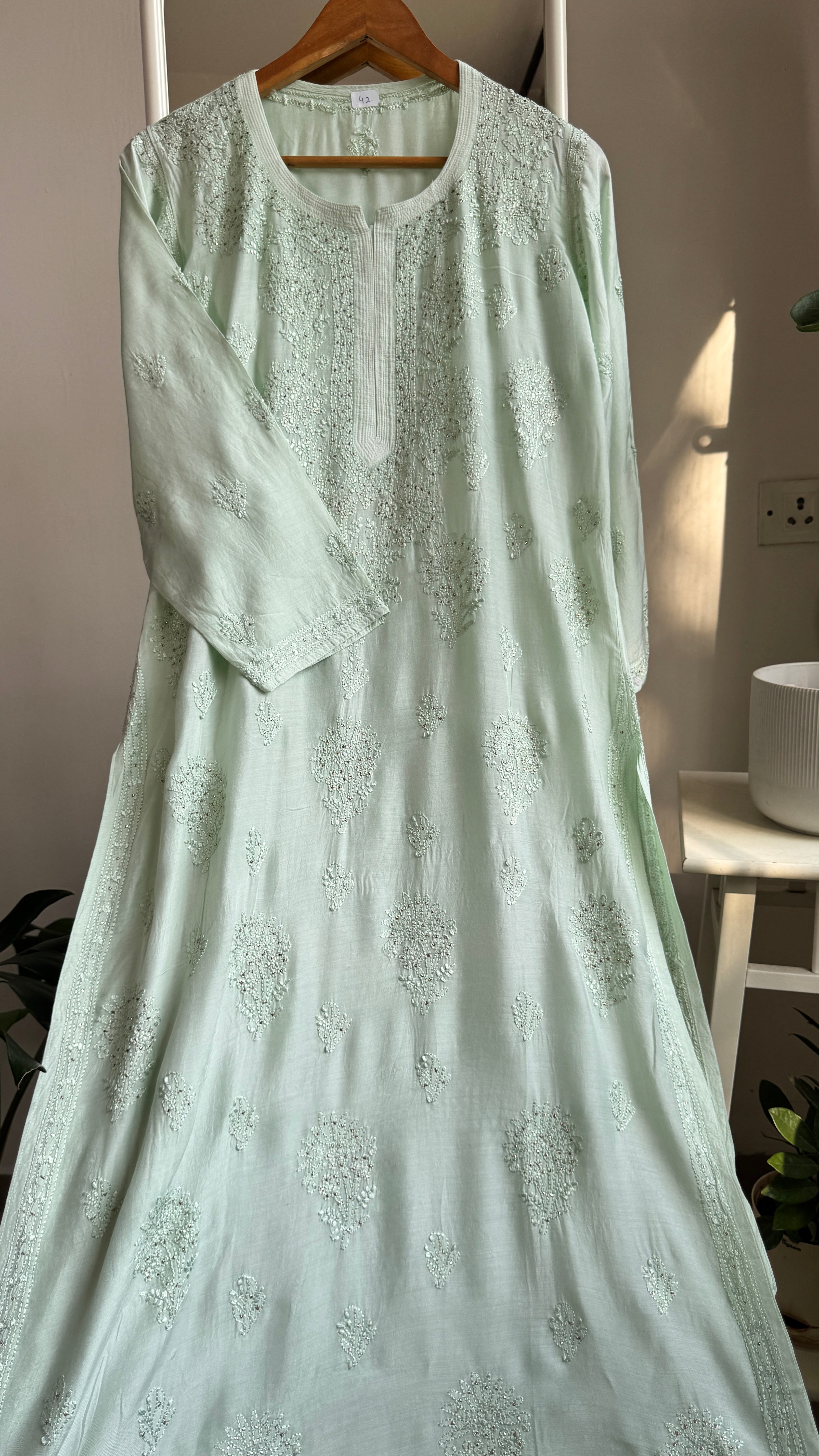 Muslin Chikankari Kurti with Mukaish work - Green