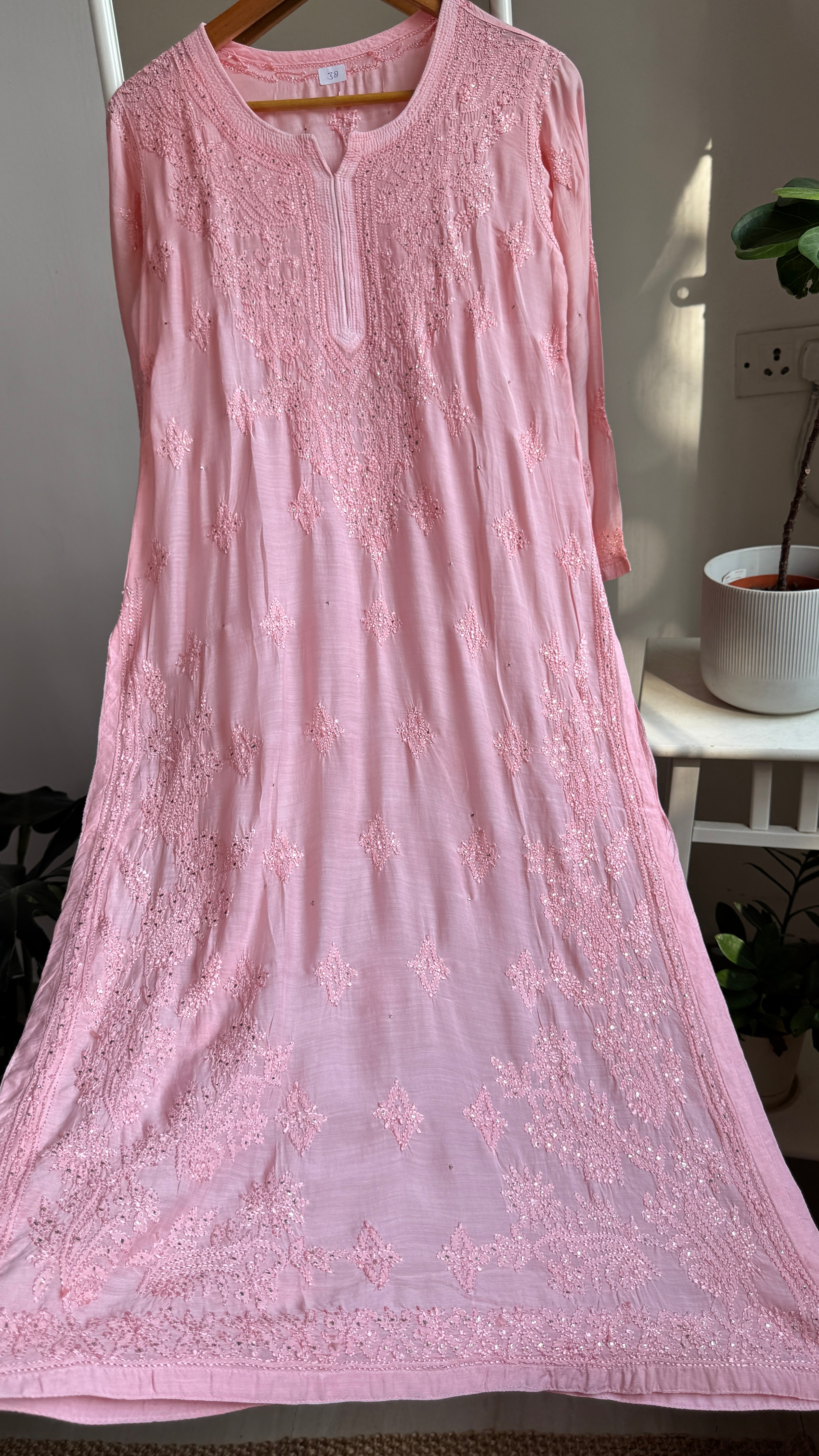 Muslin Chikankari Kurti with Mukaish work - Peach Pink