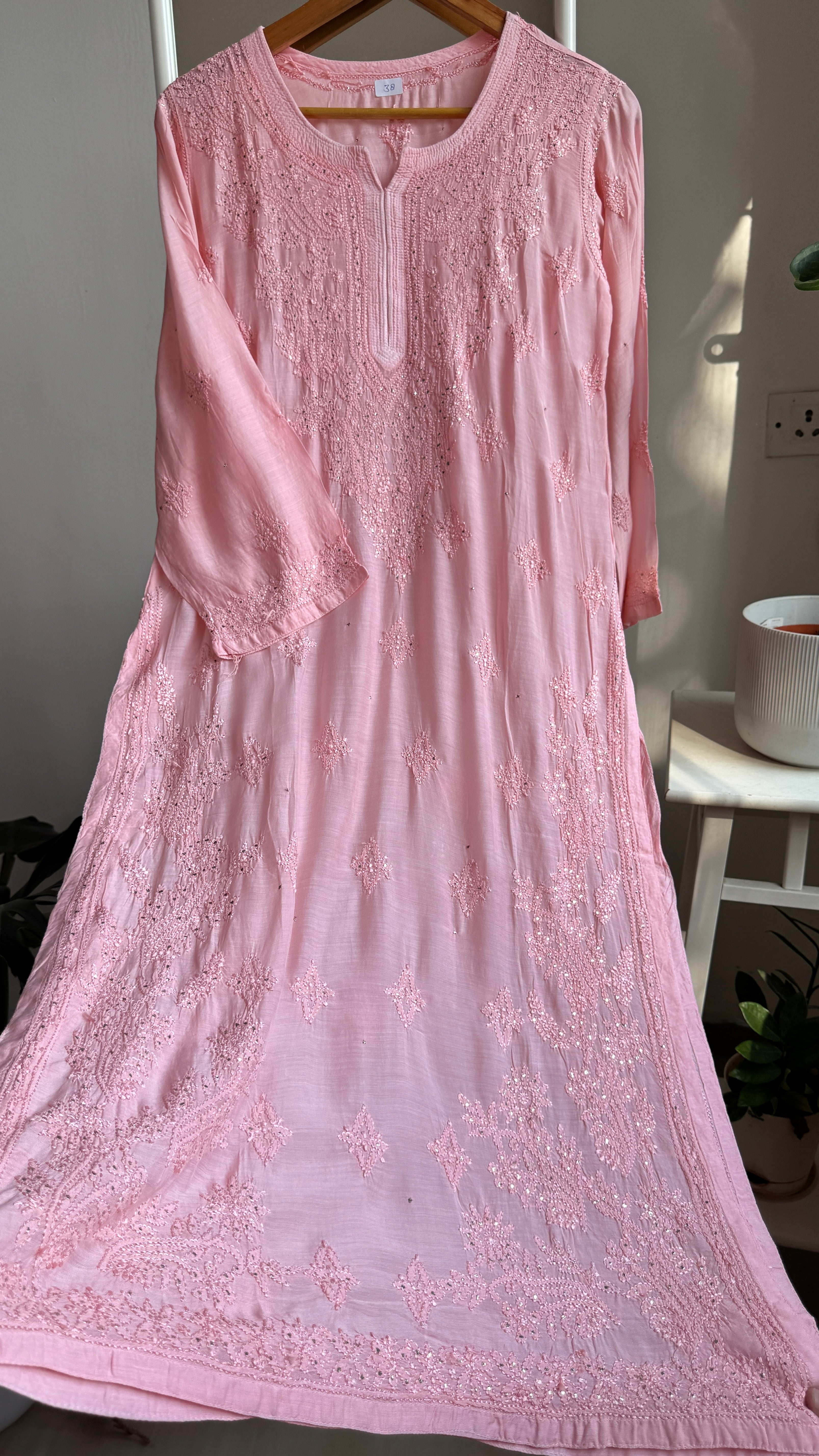 Muslin Chikankari Kurti with Mukaish work - Peach Pink