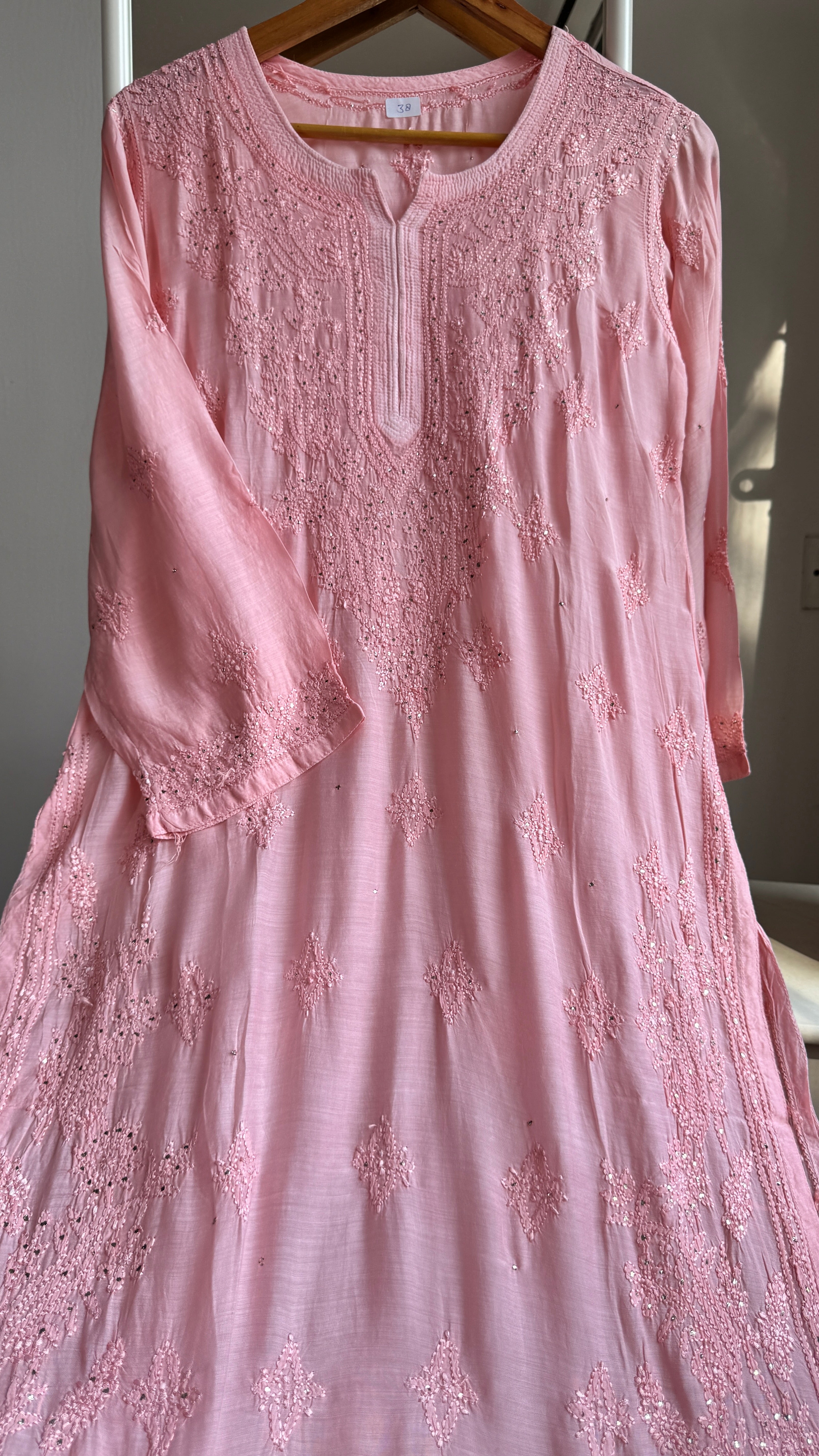 Muslin Chikankari Kurti with Mukaish work - Peach Pink