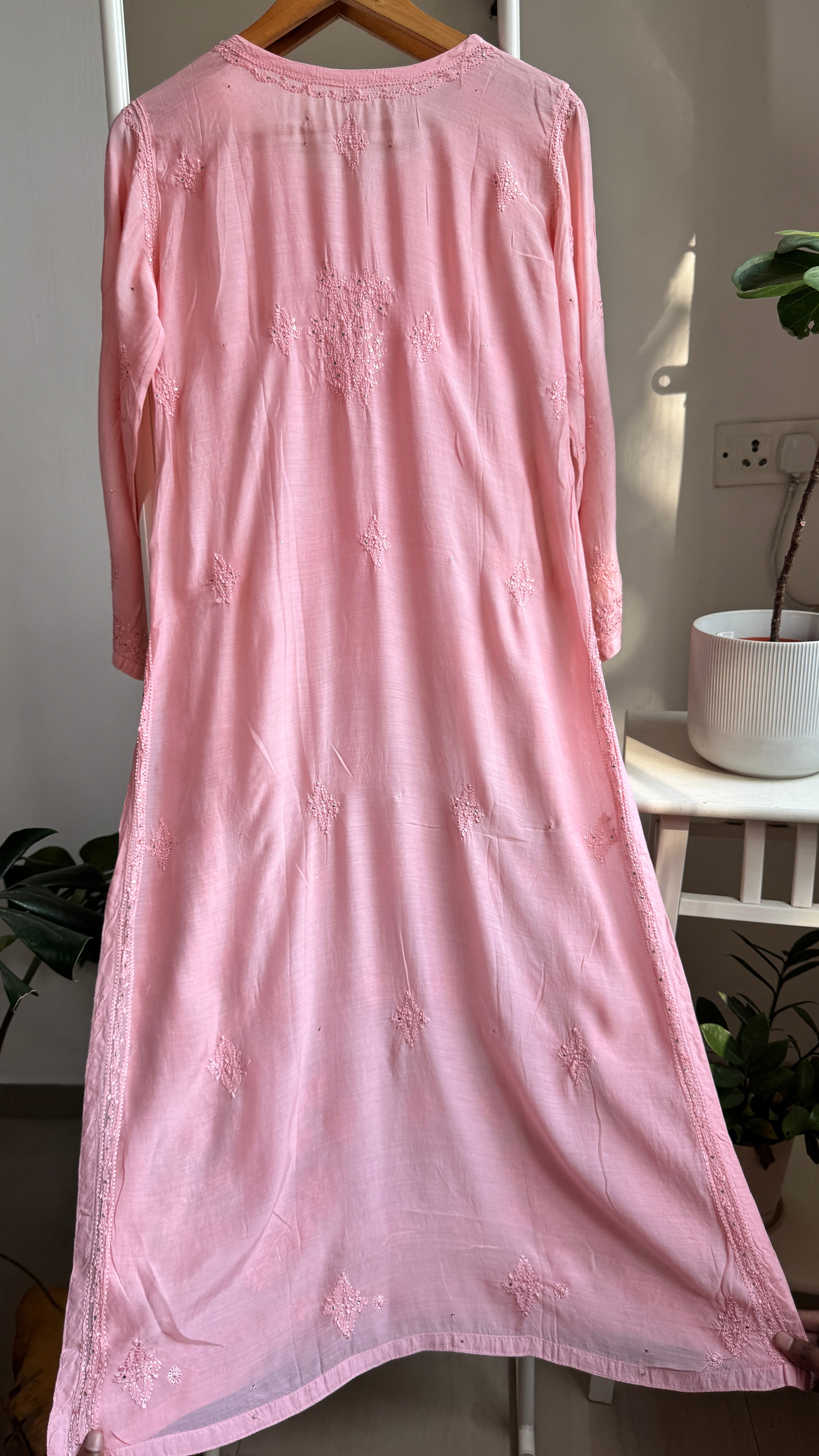 Muslin Chikankari Kurti with Mukaish work - Peach Pink