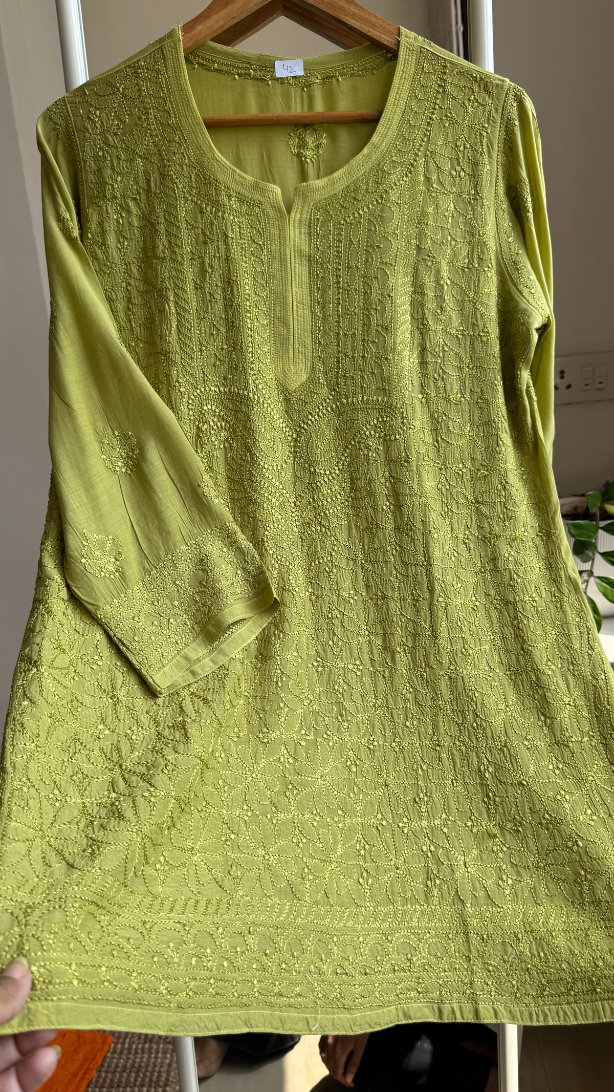 Chikankari Muslin short Top in Mehendi Green - HOOR Collection