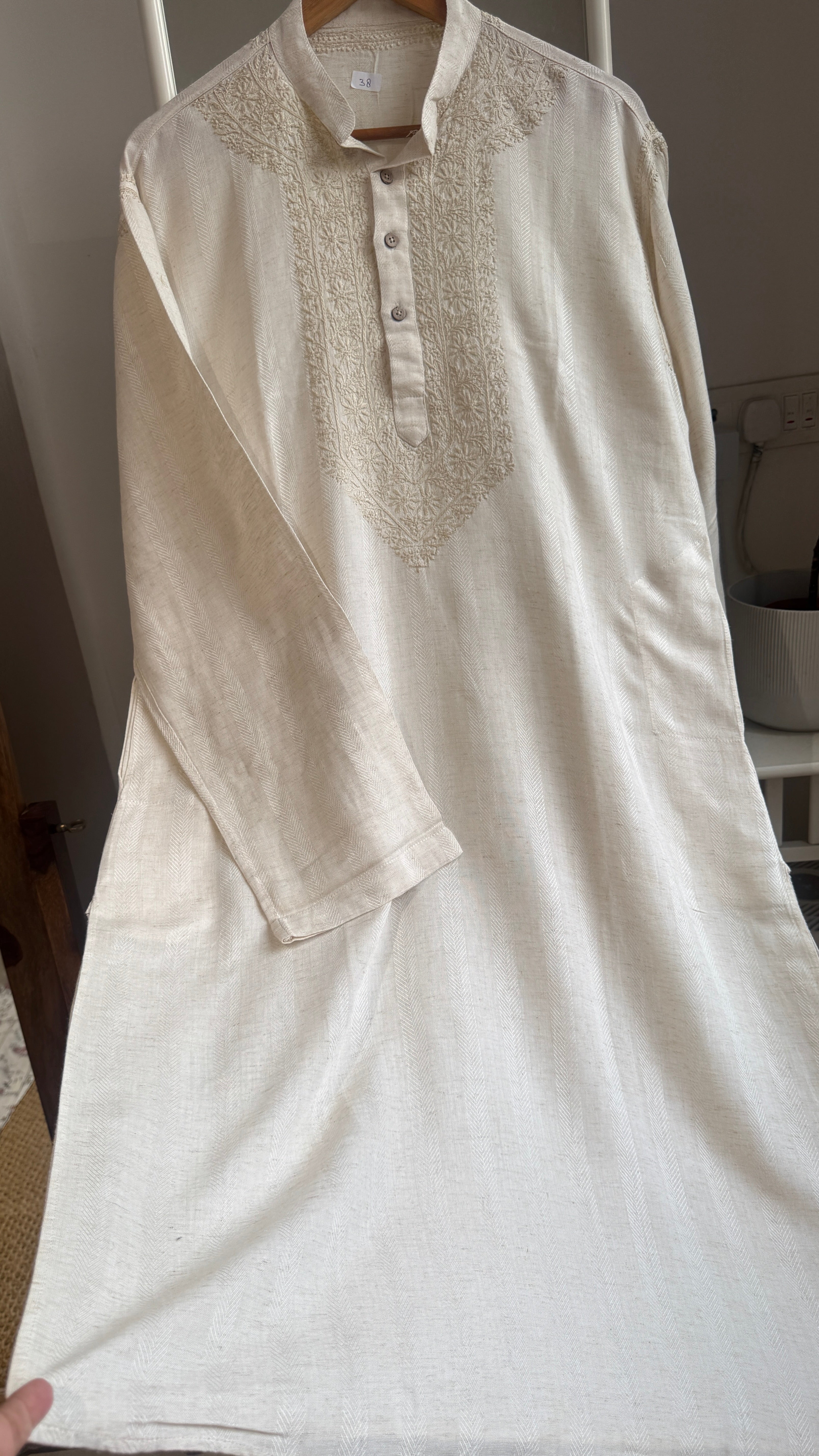 Cotton Chikankari Kurta - Beige  - Men's Collection