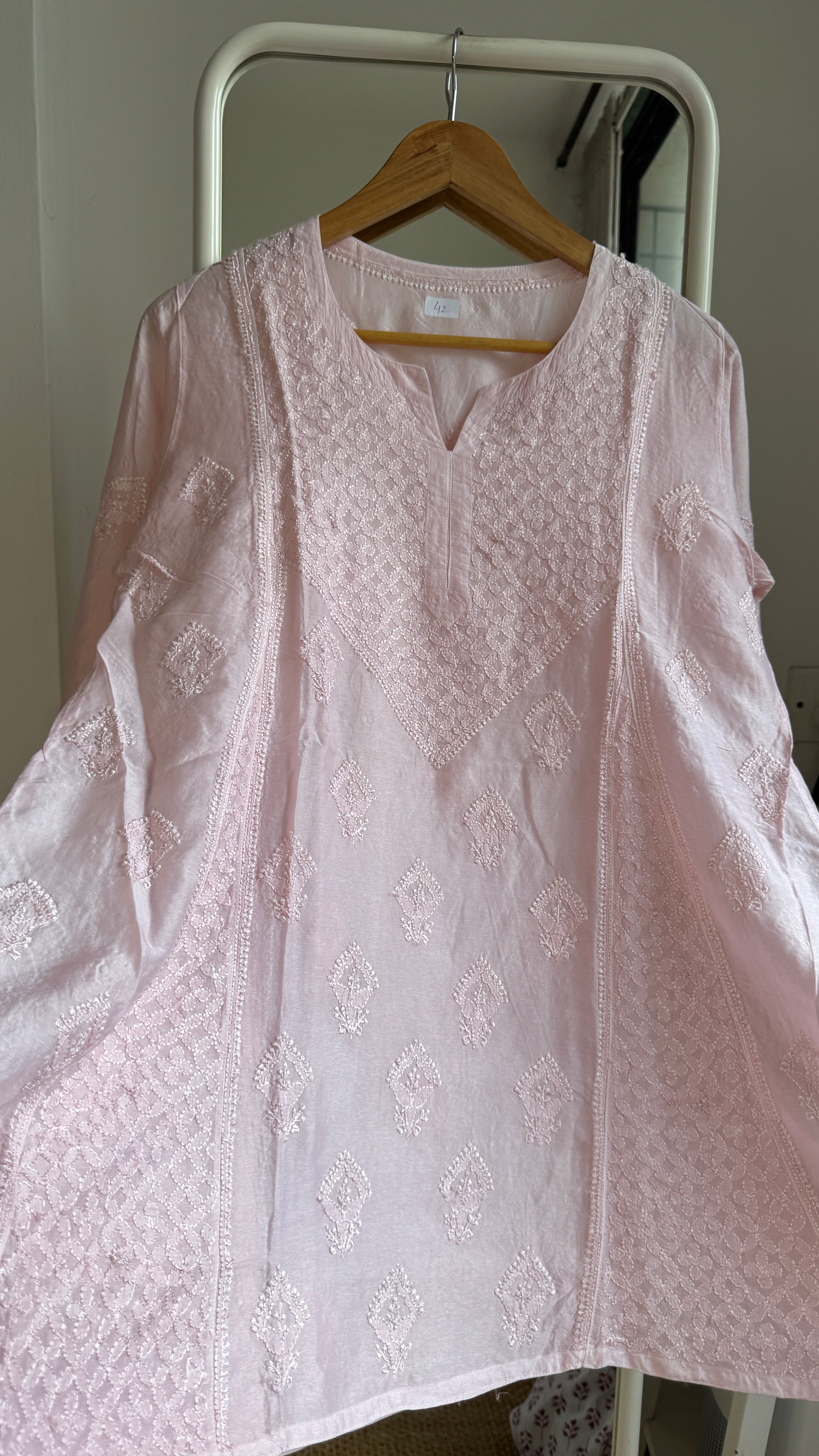 Raw Silk Chikankari kali short Top - Pale Pink