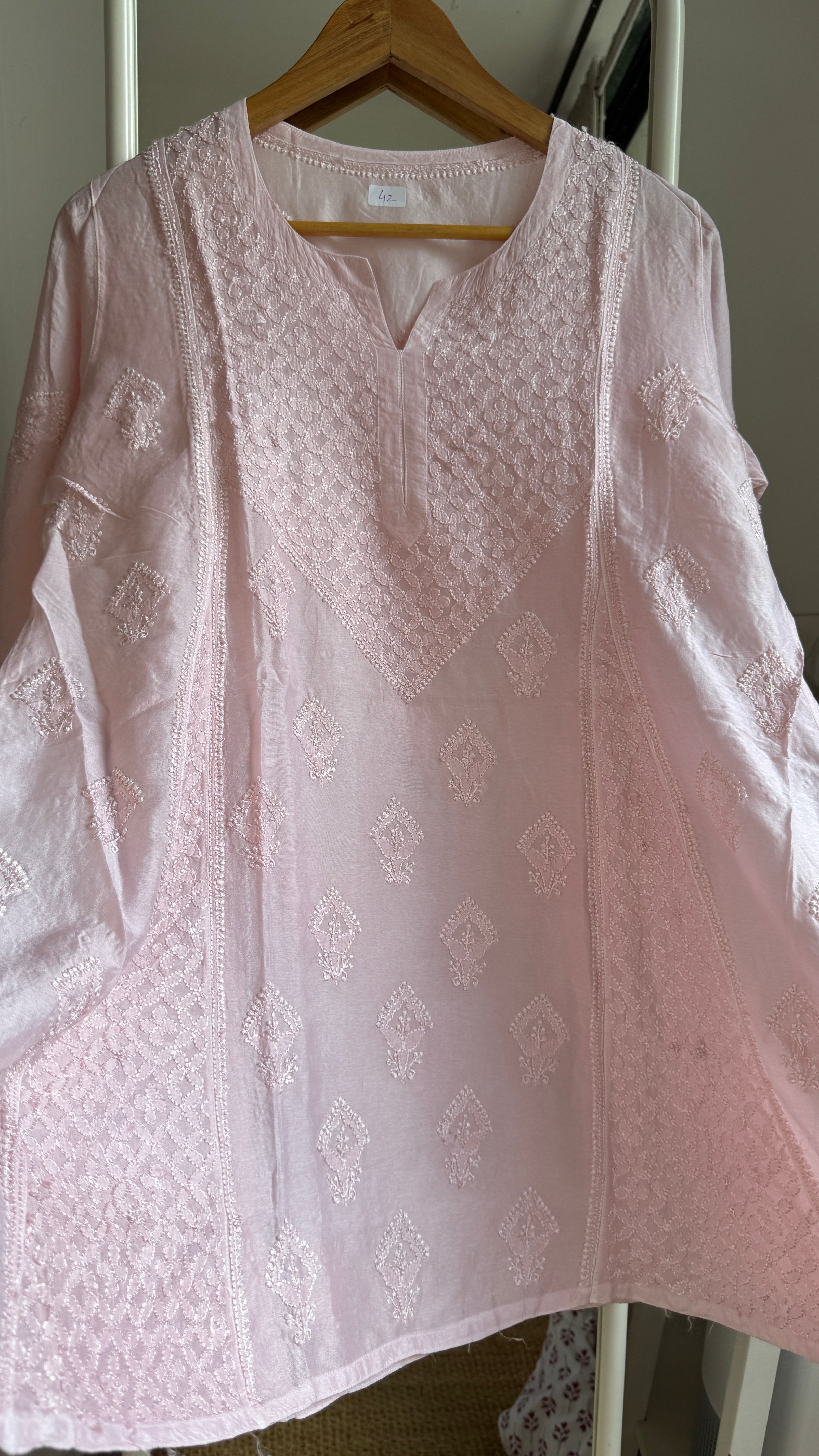 Raw Silk Chikankari kali short Top - Pale Pink
