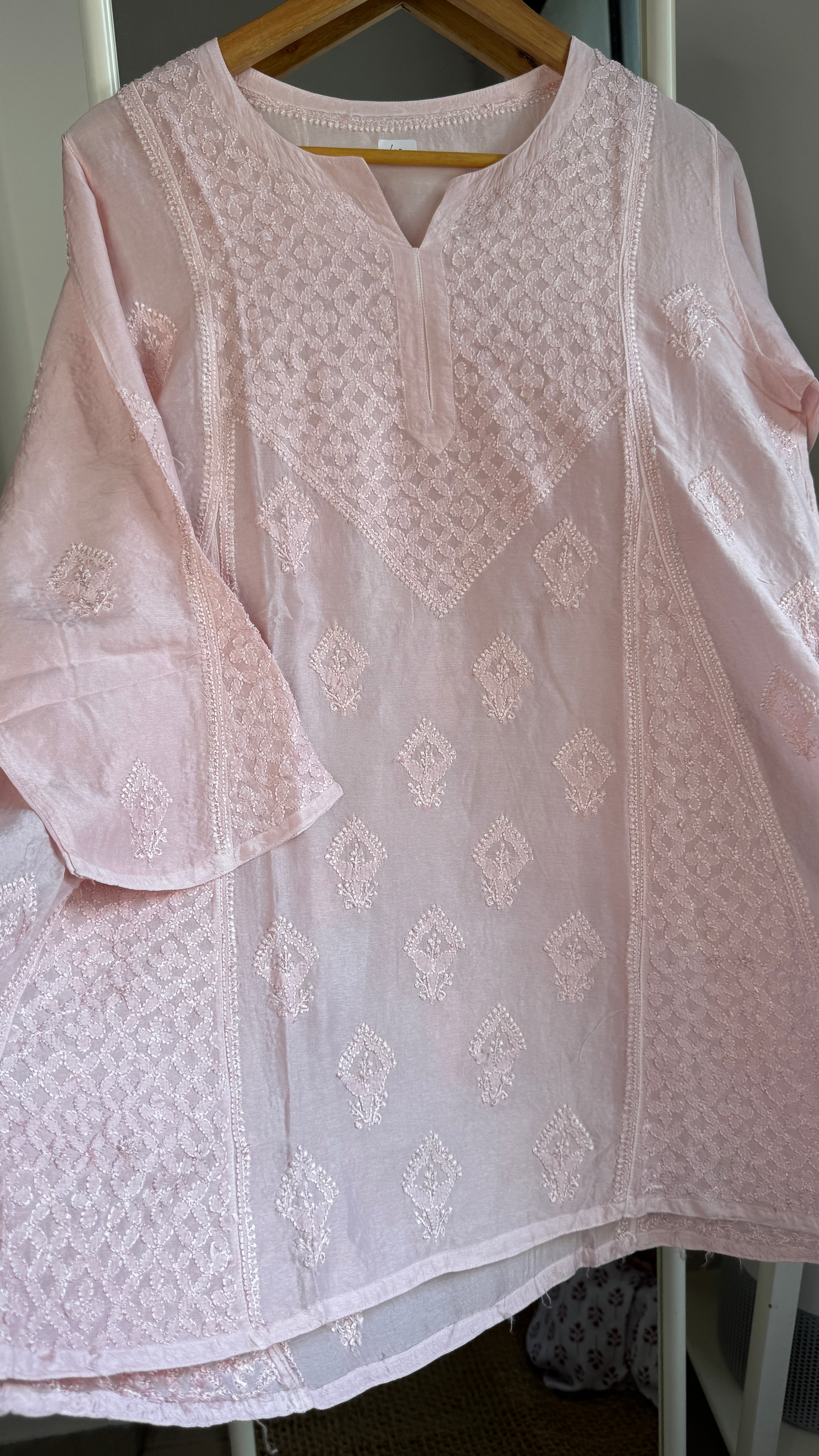 Raw Silk Chikankari kali short Top - Pale Pink