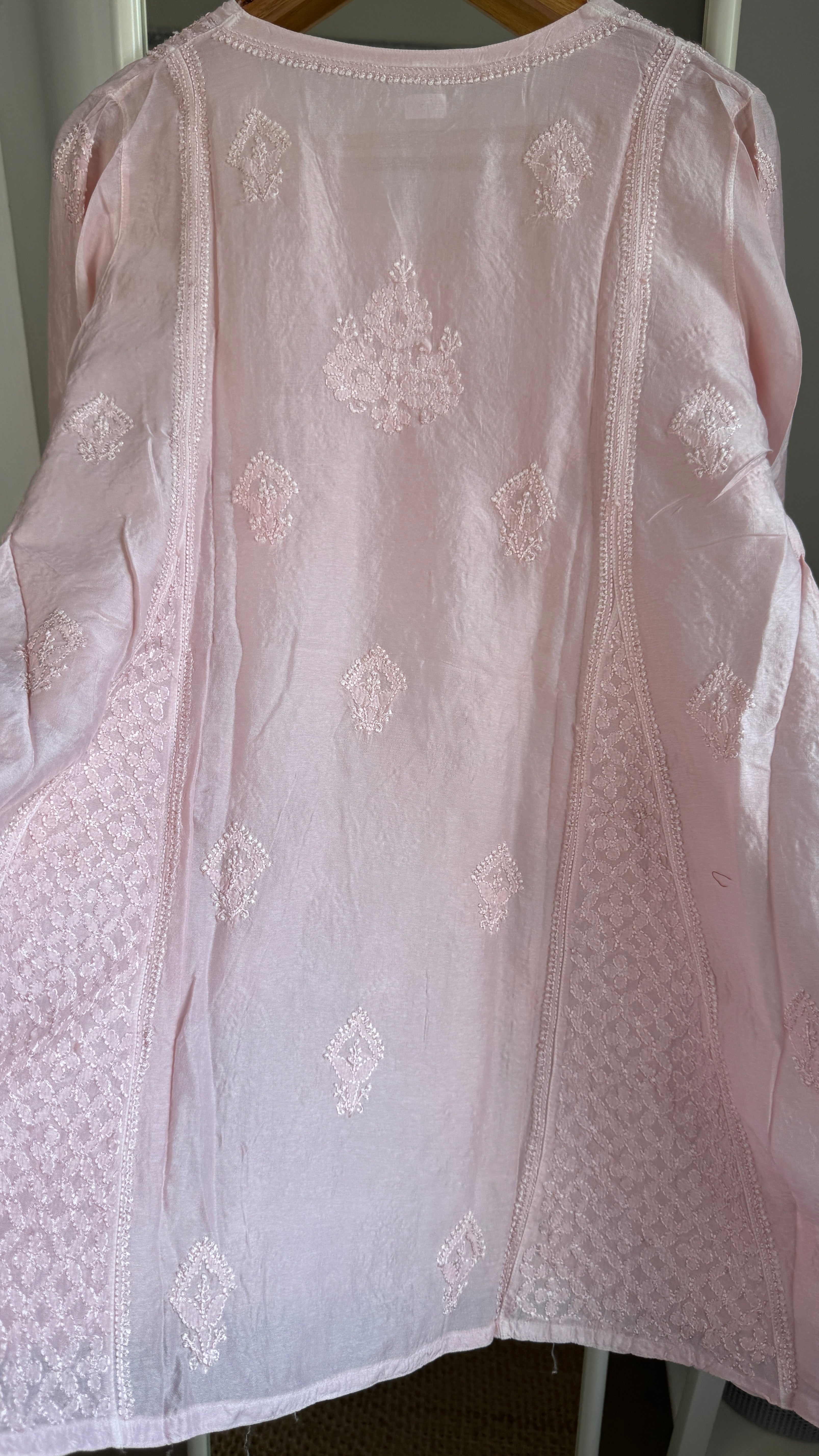 Raw Silk Chikankari kali short Top - Pale Pink