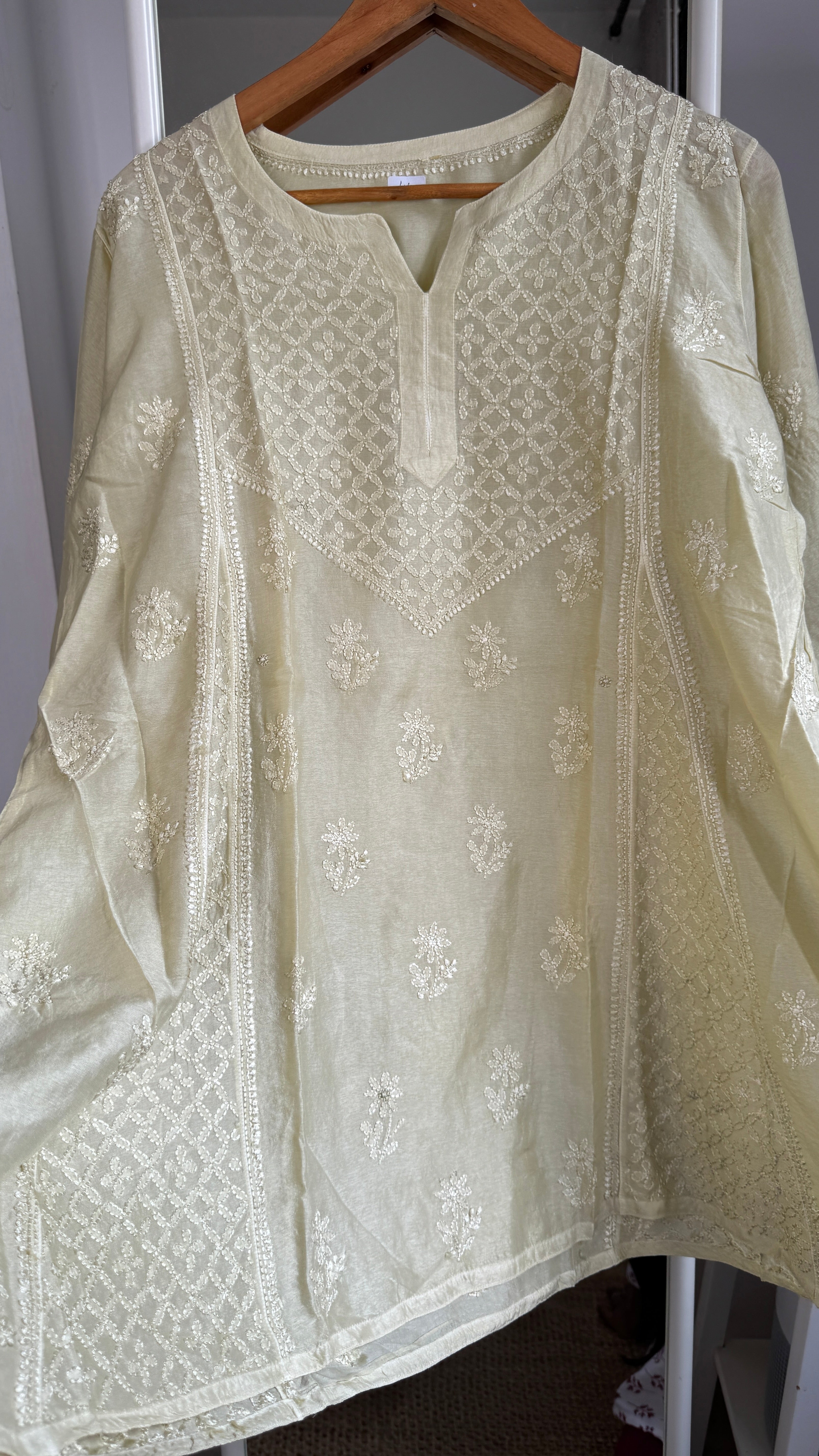 Raw Silk Chikankari kali short Top - sage green