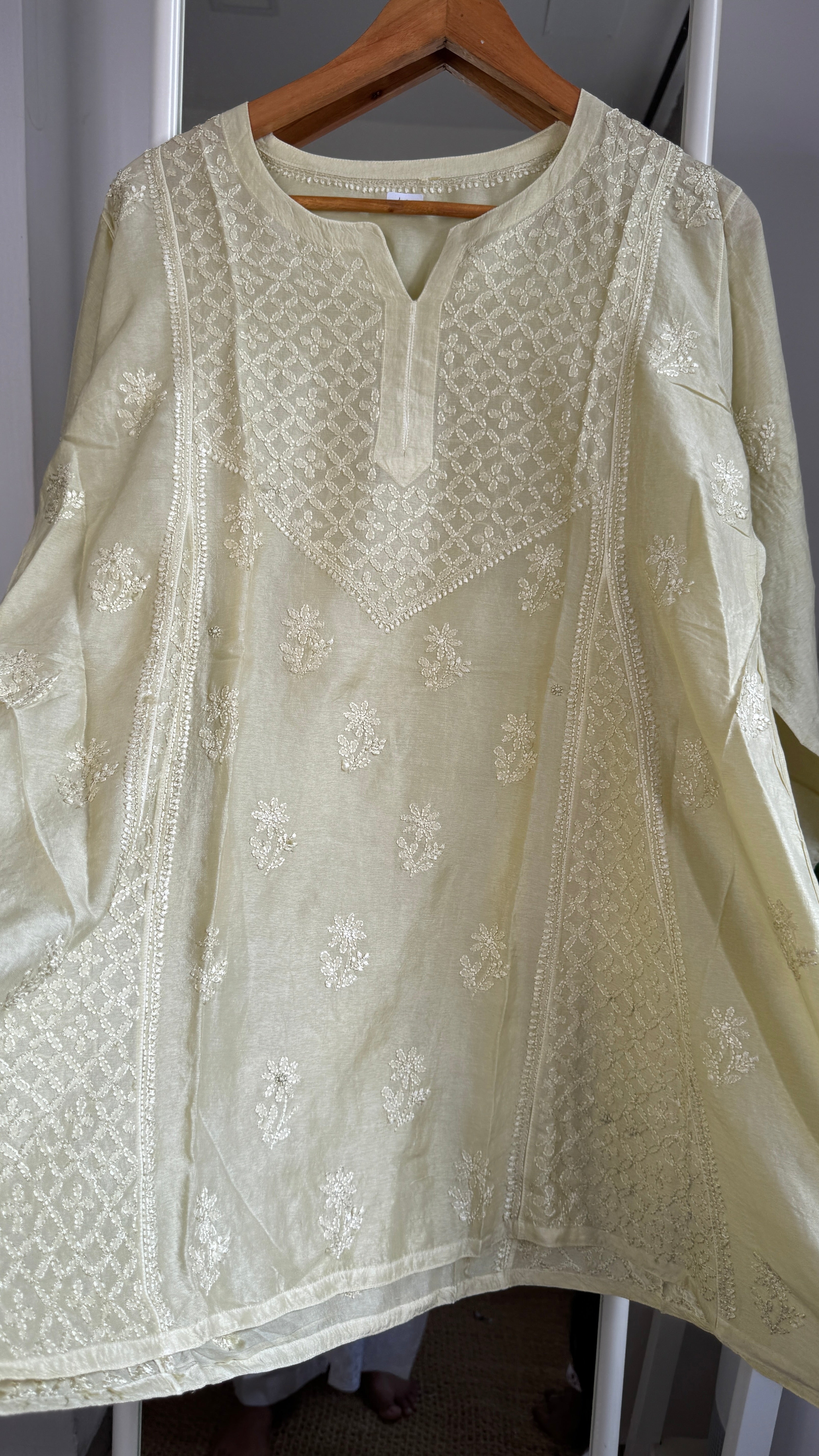 Raw Silk Chikankari kali short Top - sage green