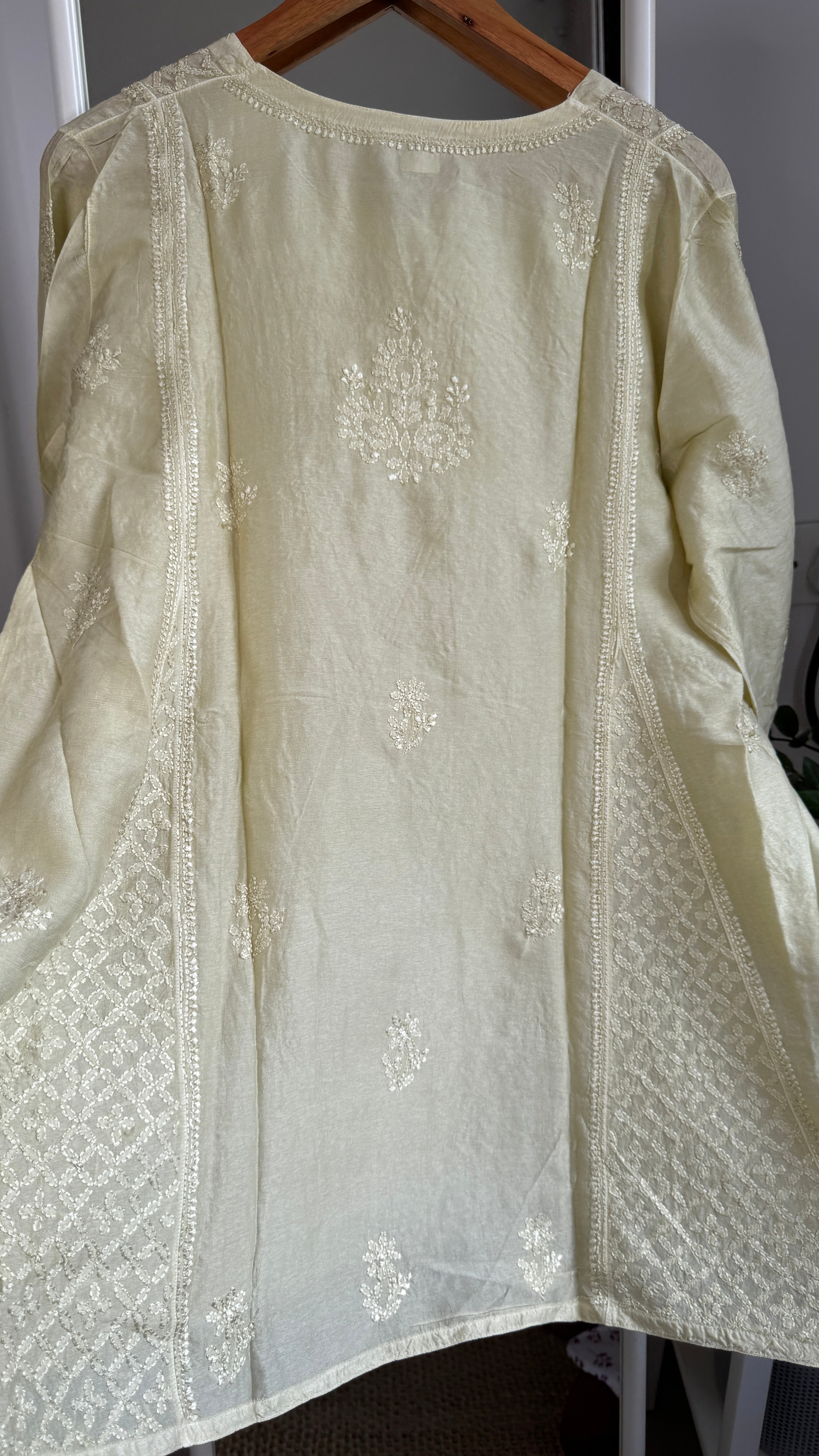 Raw Silk Chikankari kali short Top - sage green