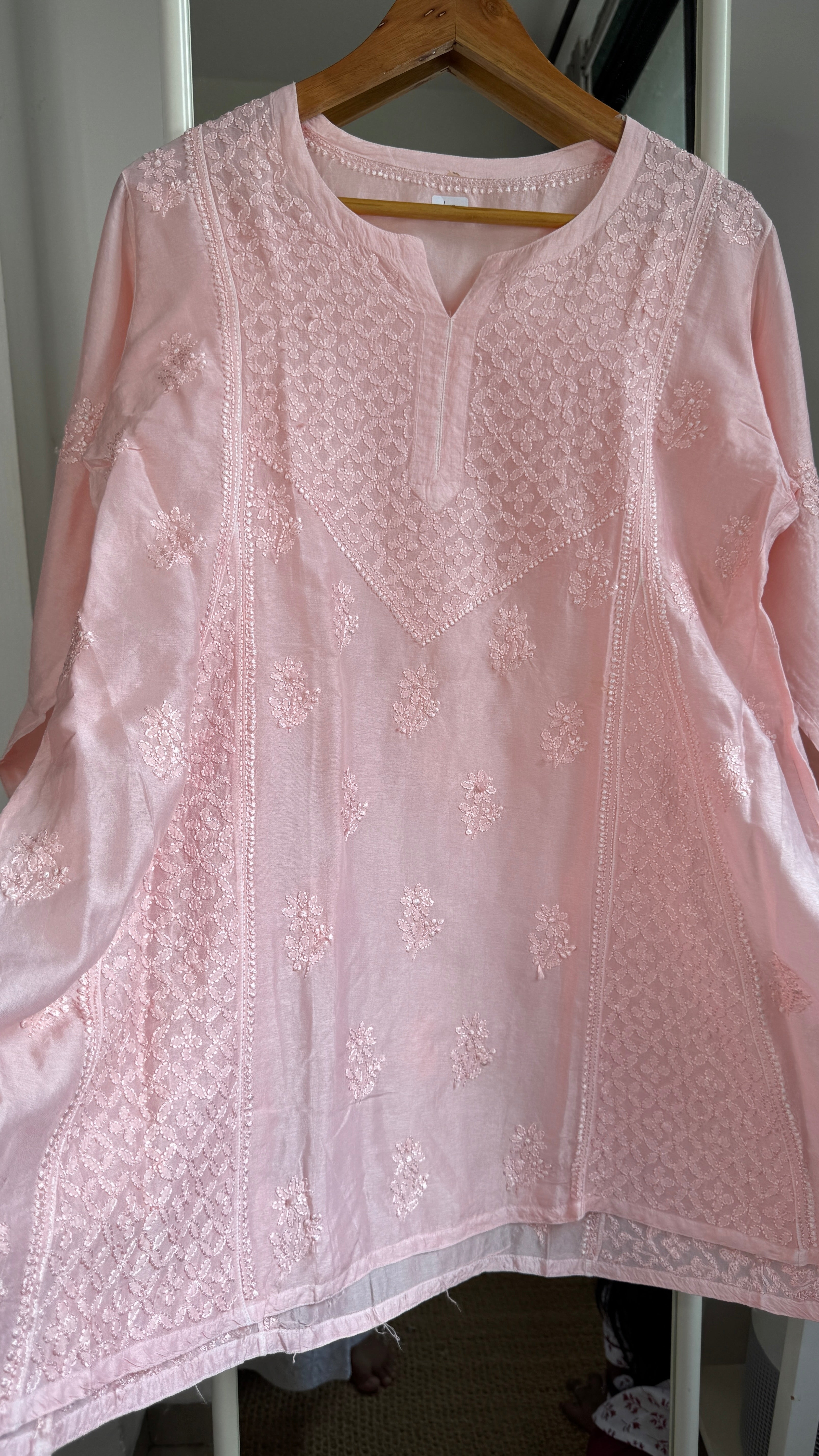 Raw Silk Chikankari kali short Top - Peach Pink