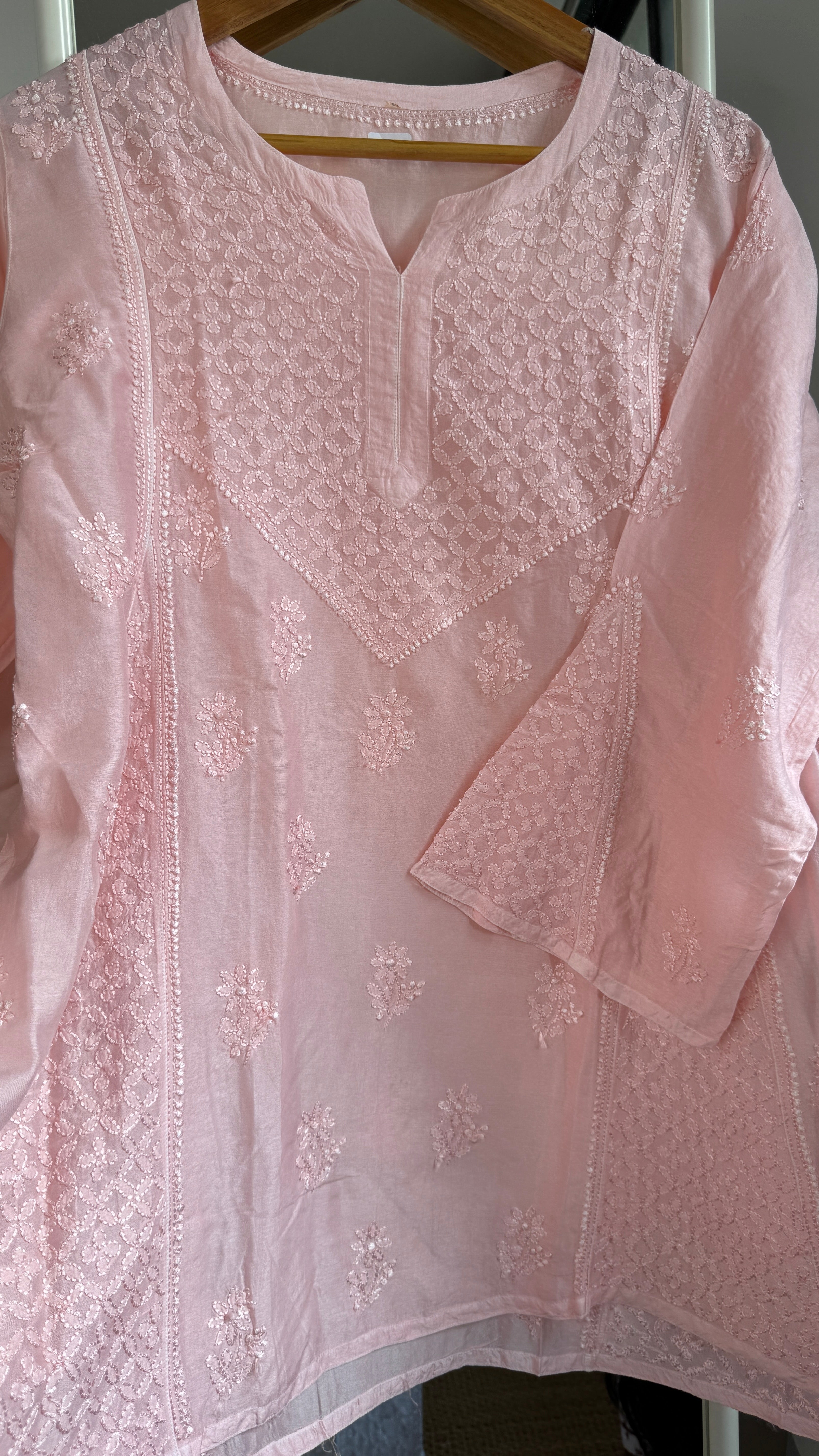 Raw Silk Chikankari kali short Top - Peach Pink
