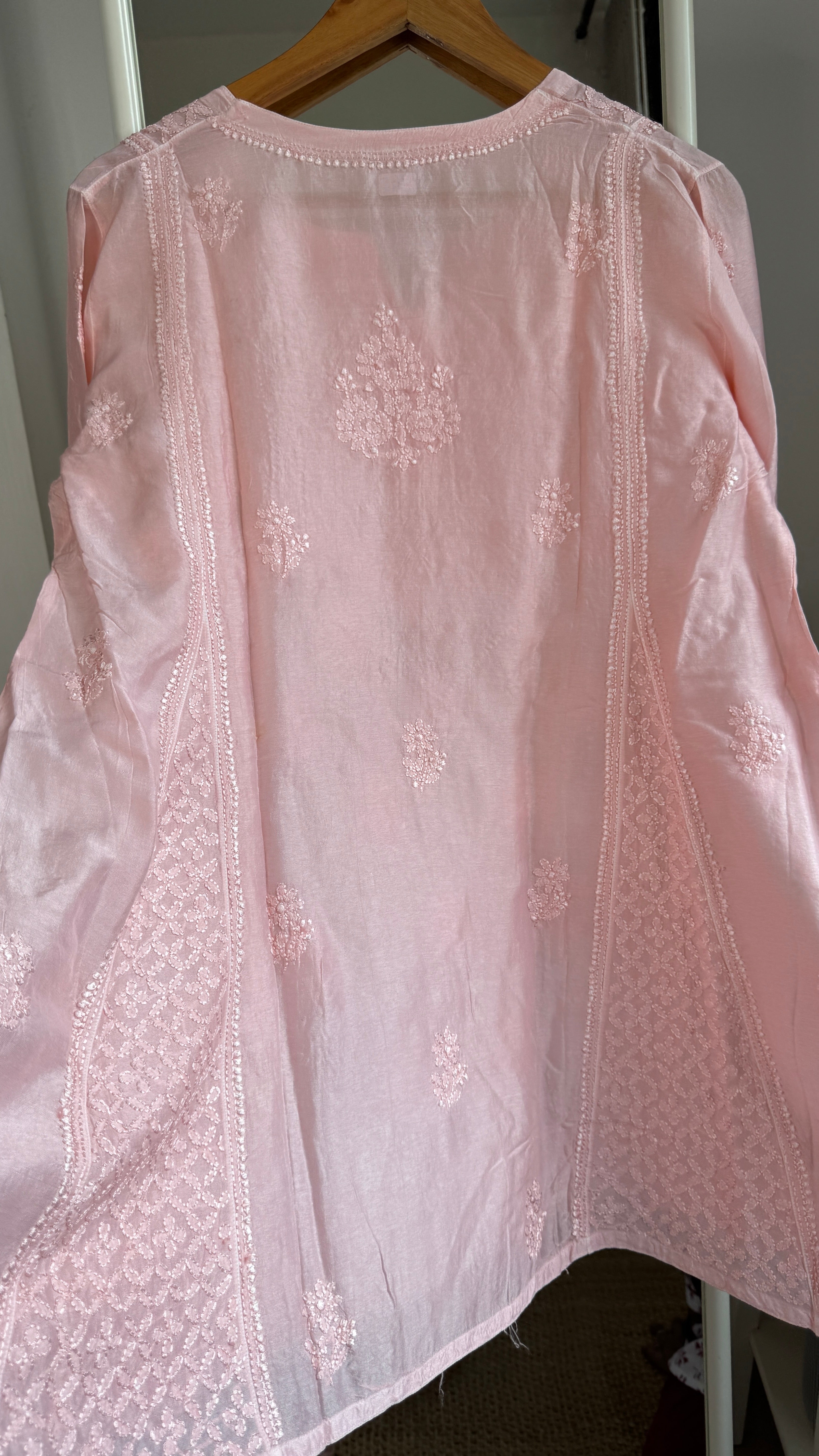 Raw Silk Chikankari kali short Top - Peach Pink