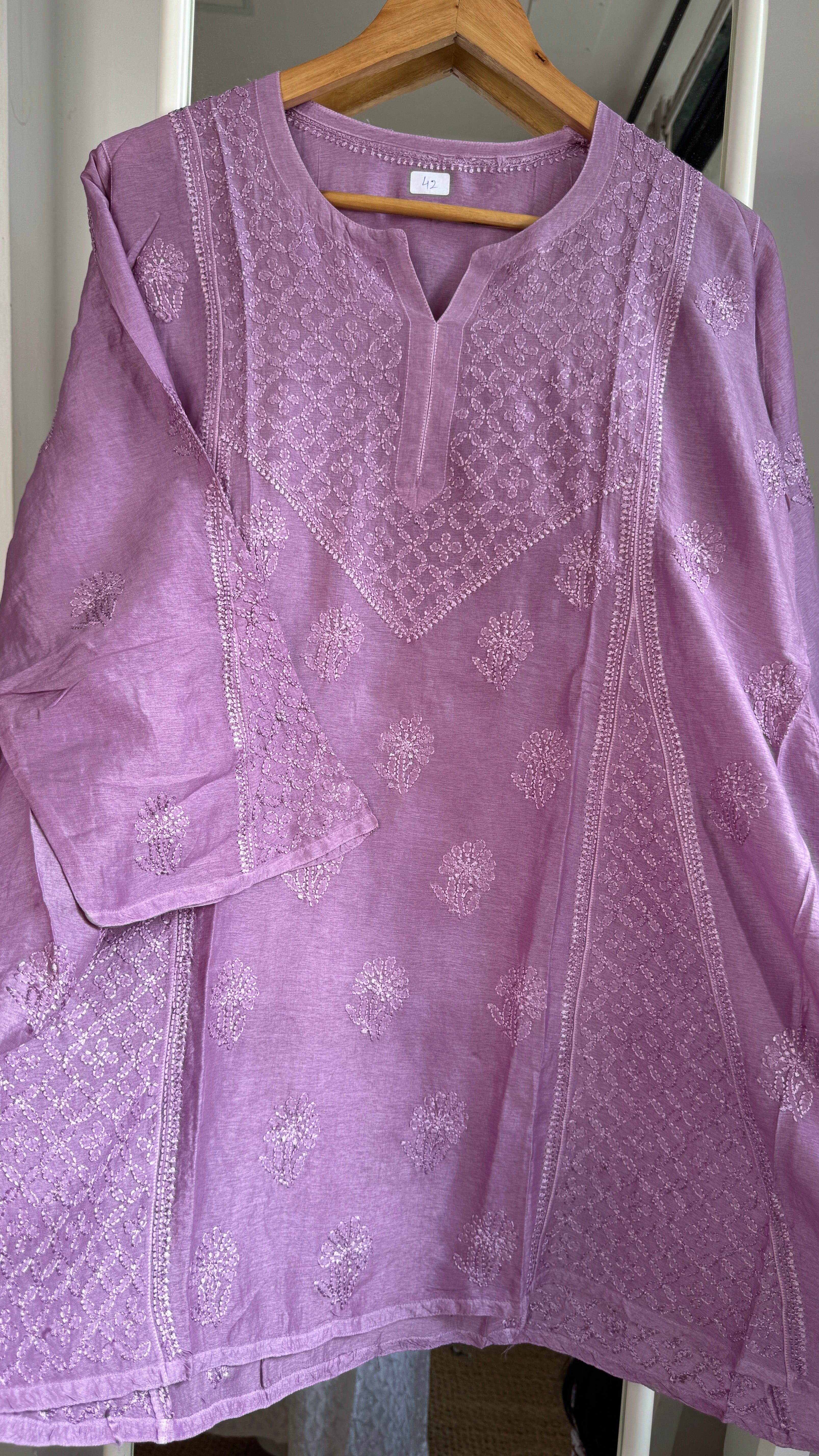 Raw Silk Chikankari kali short Top - Mauve
