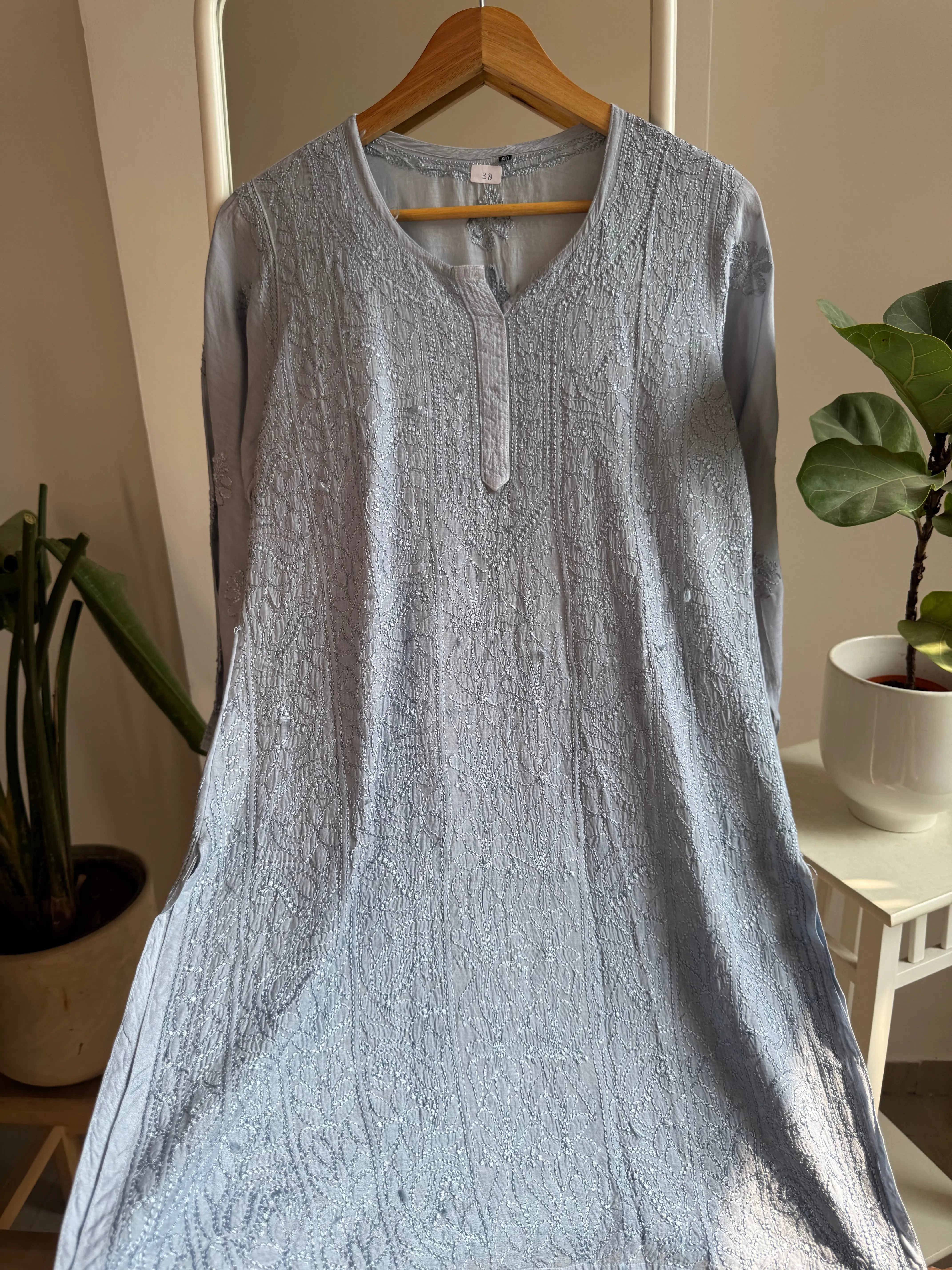 Chikankari Muslin short Top in Grey ARIAA CHIKANKARI 