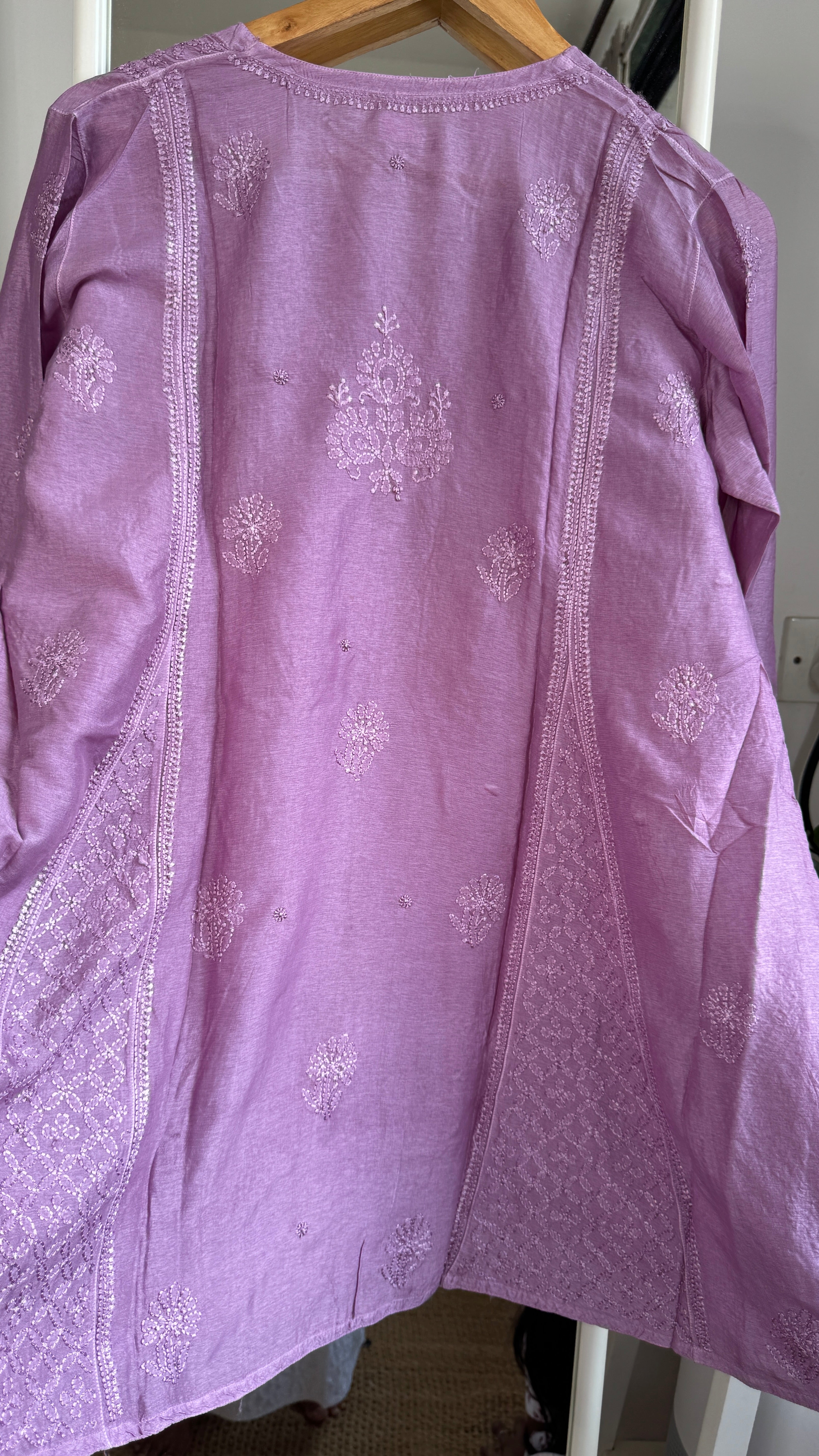 Raw Silk Chikankari kali short Top - Mauve