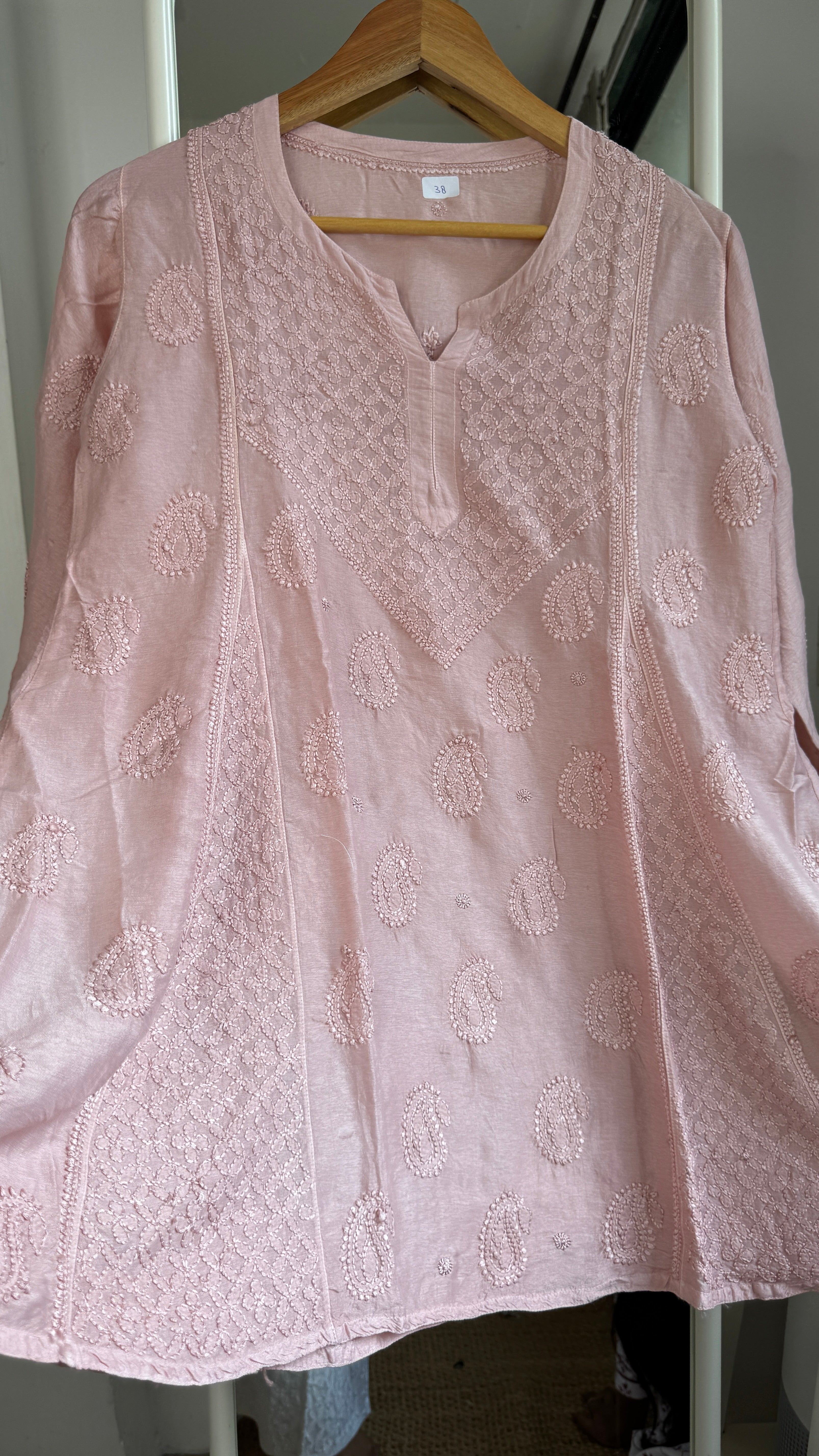 Raw Silk Chikankari kali short Top - Blush Pink