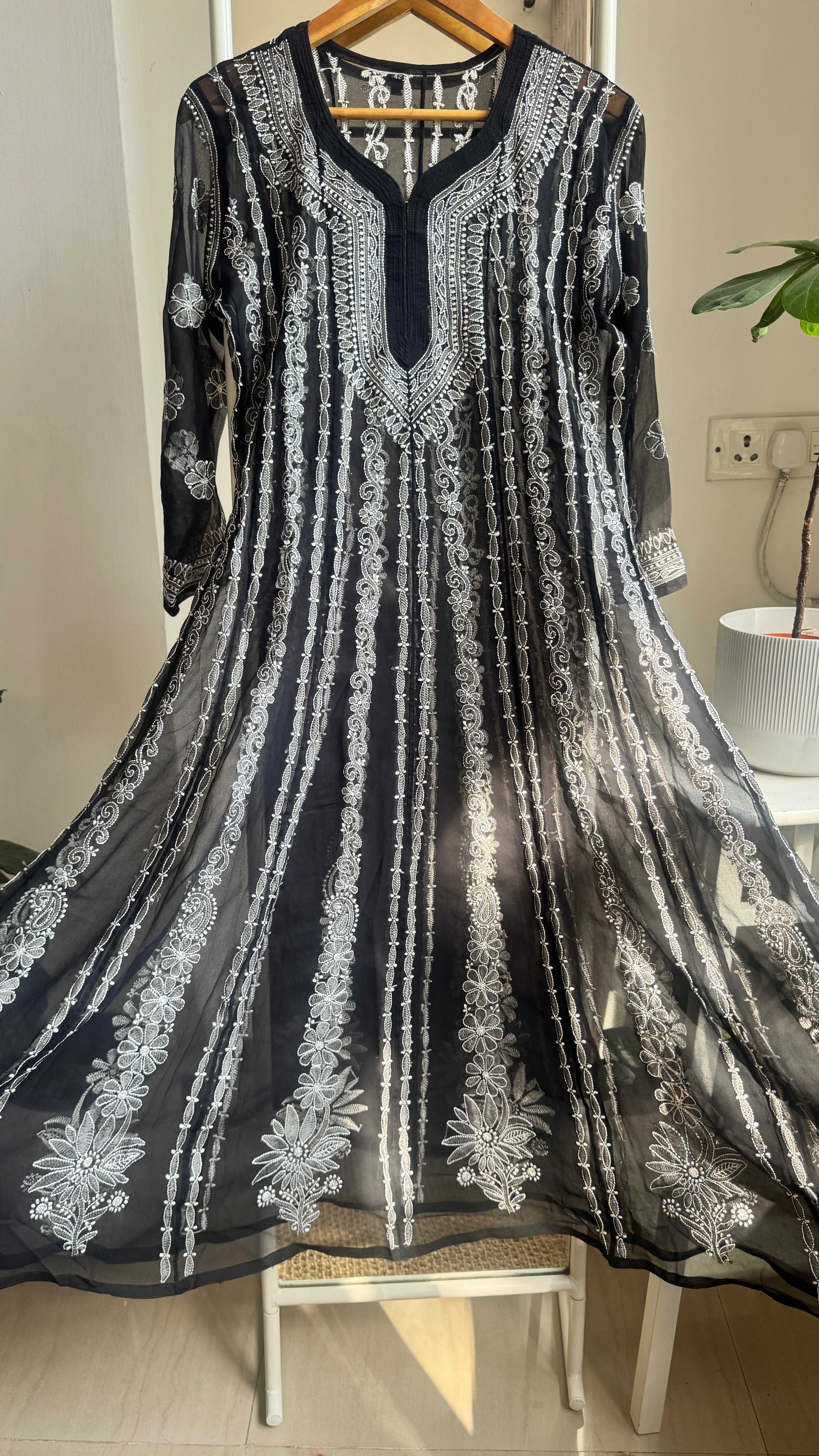 Georgette Chikankari Anarkali - Black
