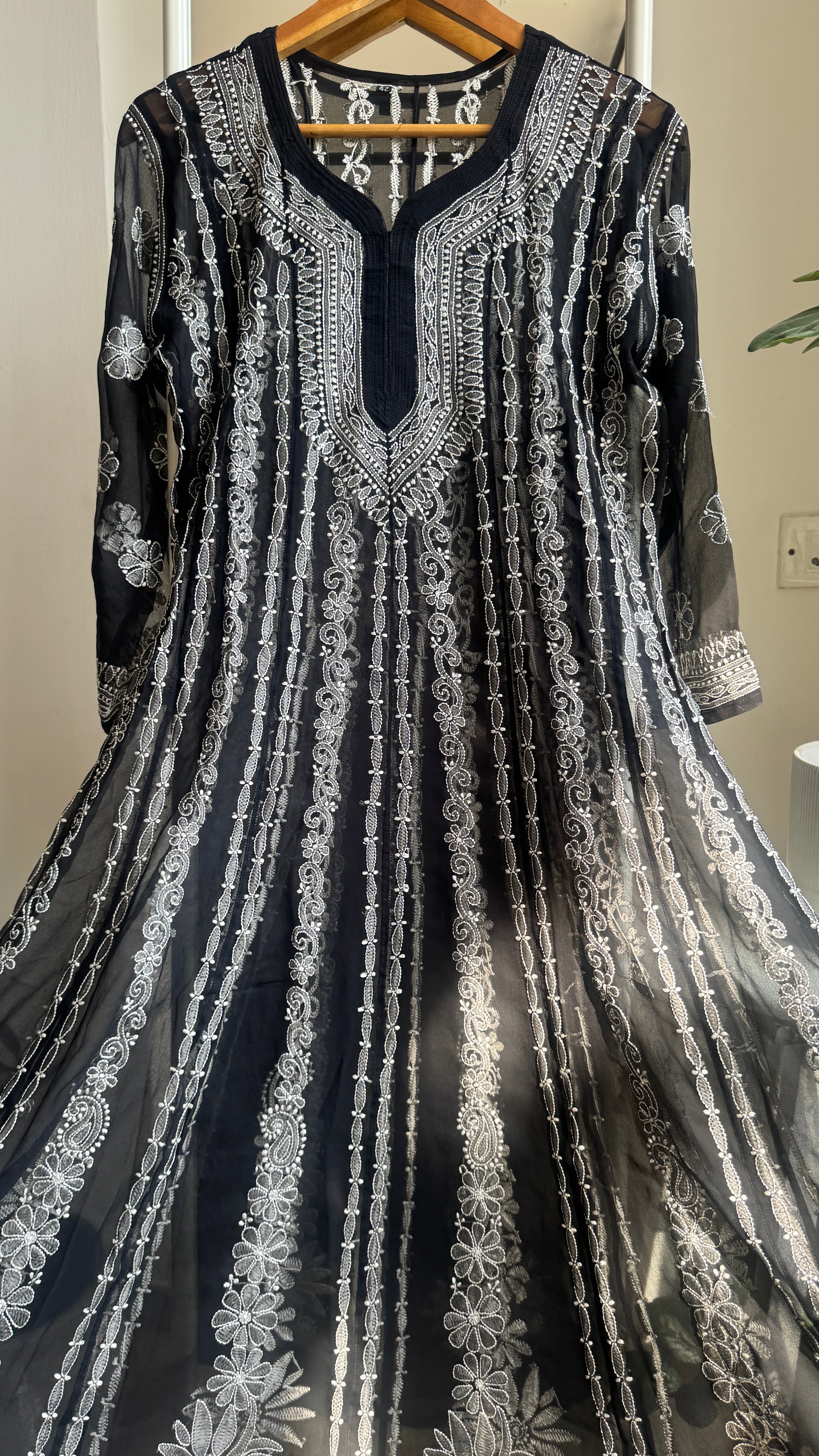 Georgette Chikankari Anarkali - Black