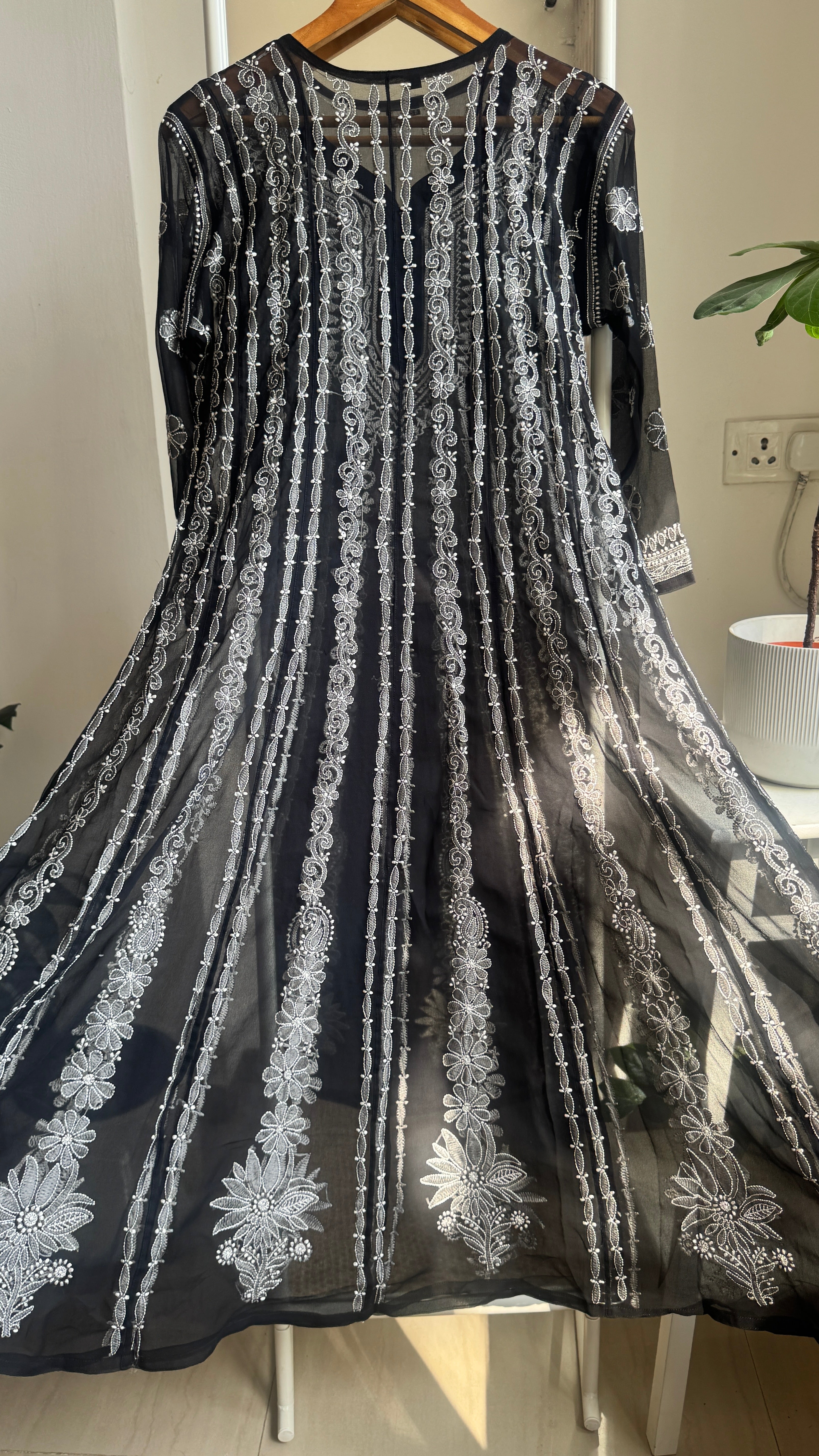 Georgette Chikankari Anarkali - Black