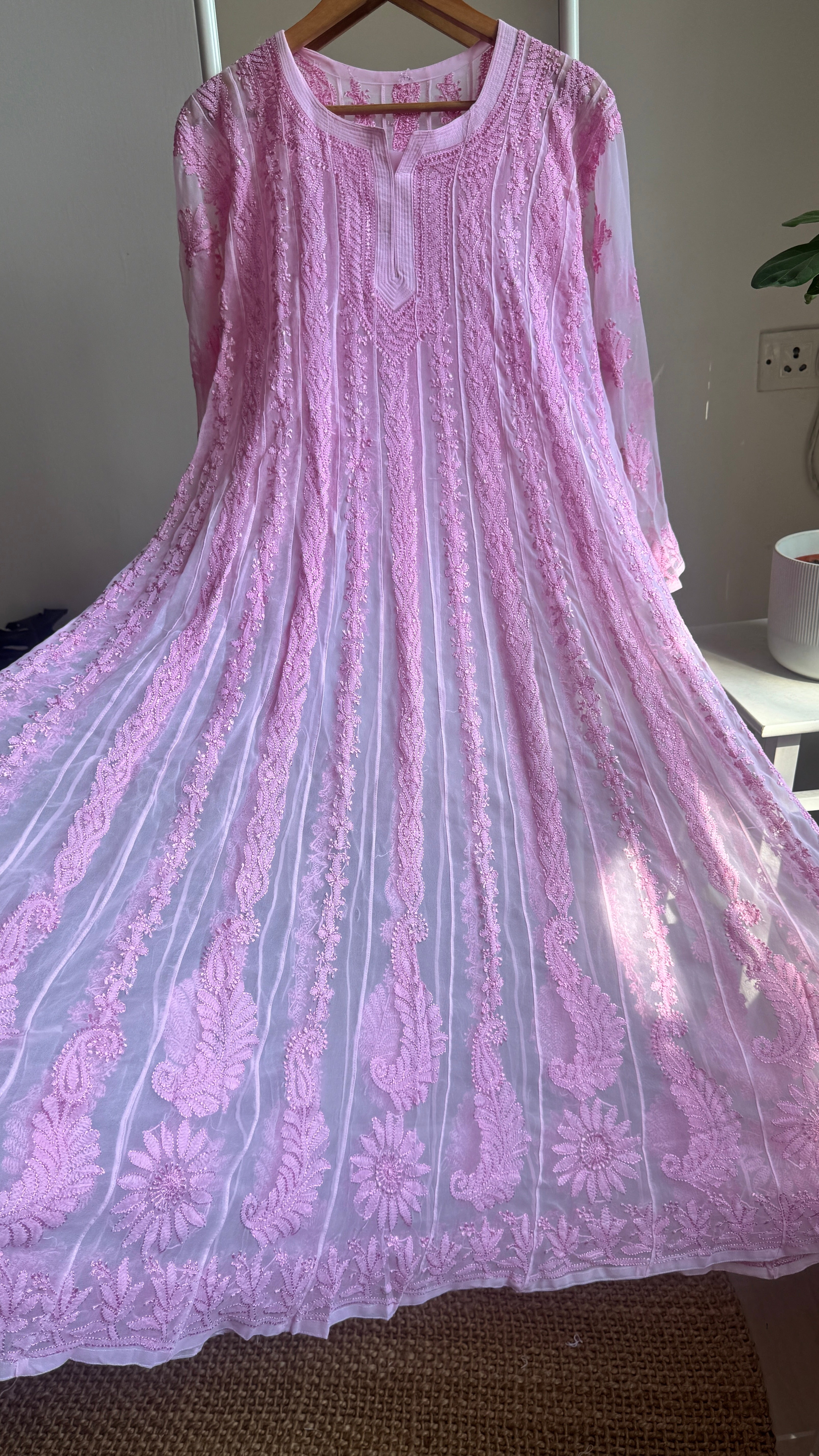 Georgette Chikankari Anarkali - Pink