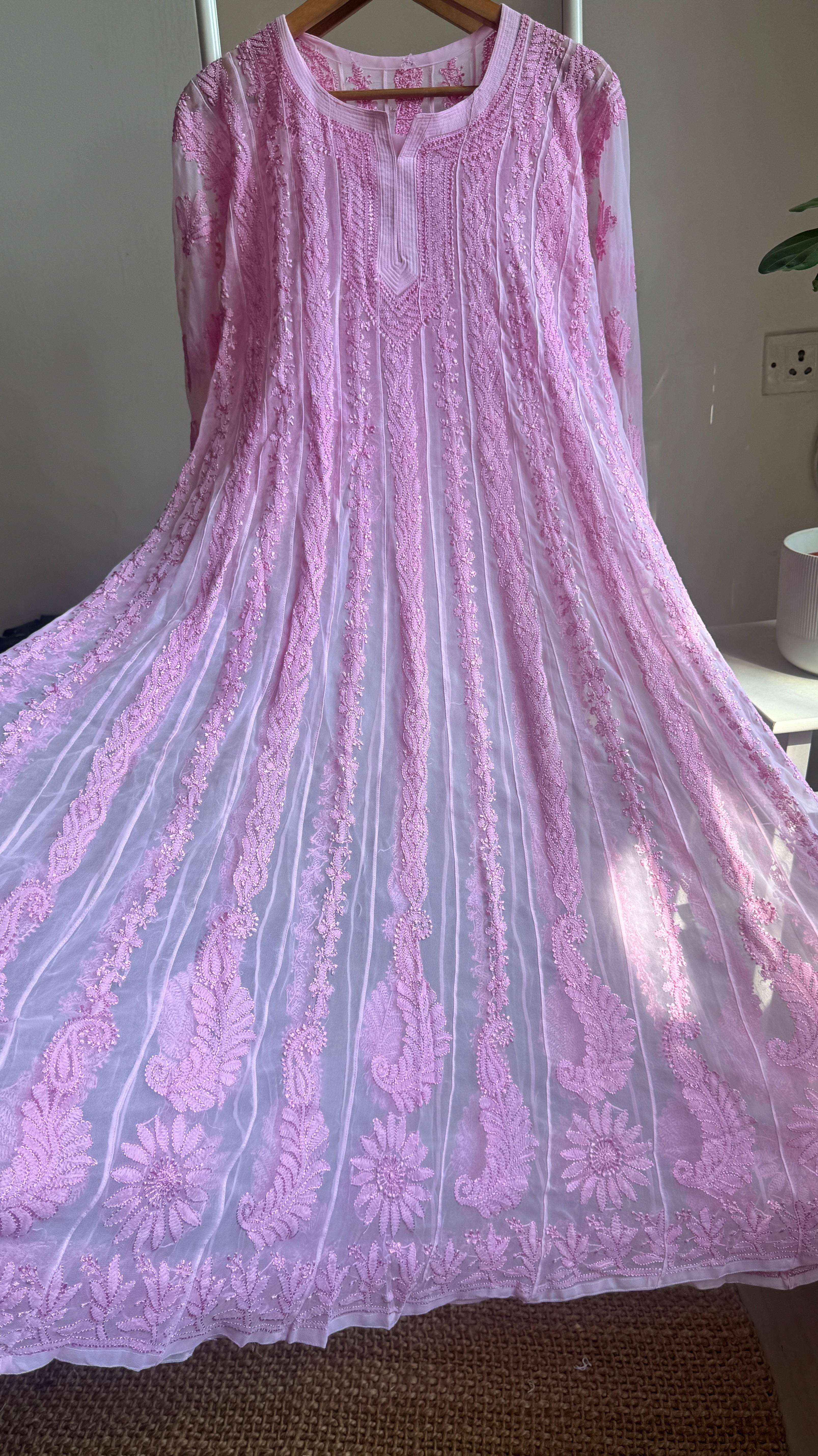 Georgette Chikankari Anarkali - Pink