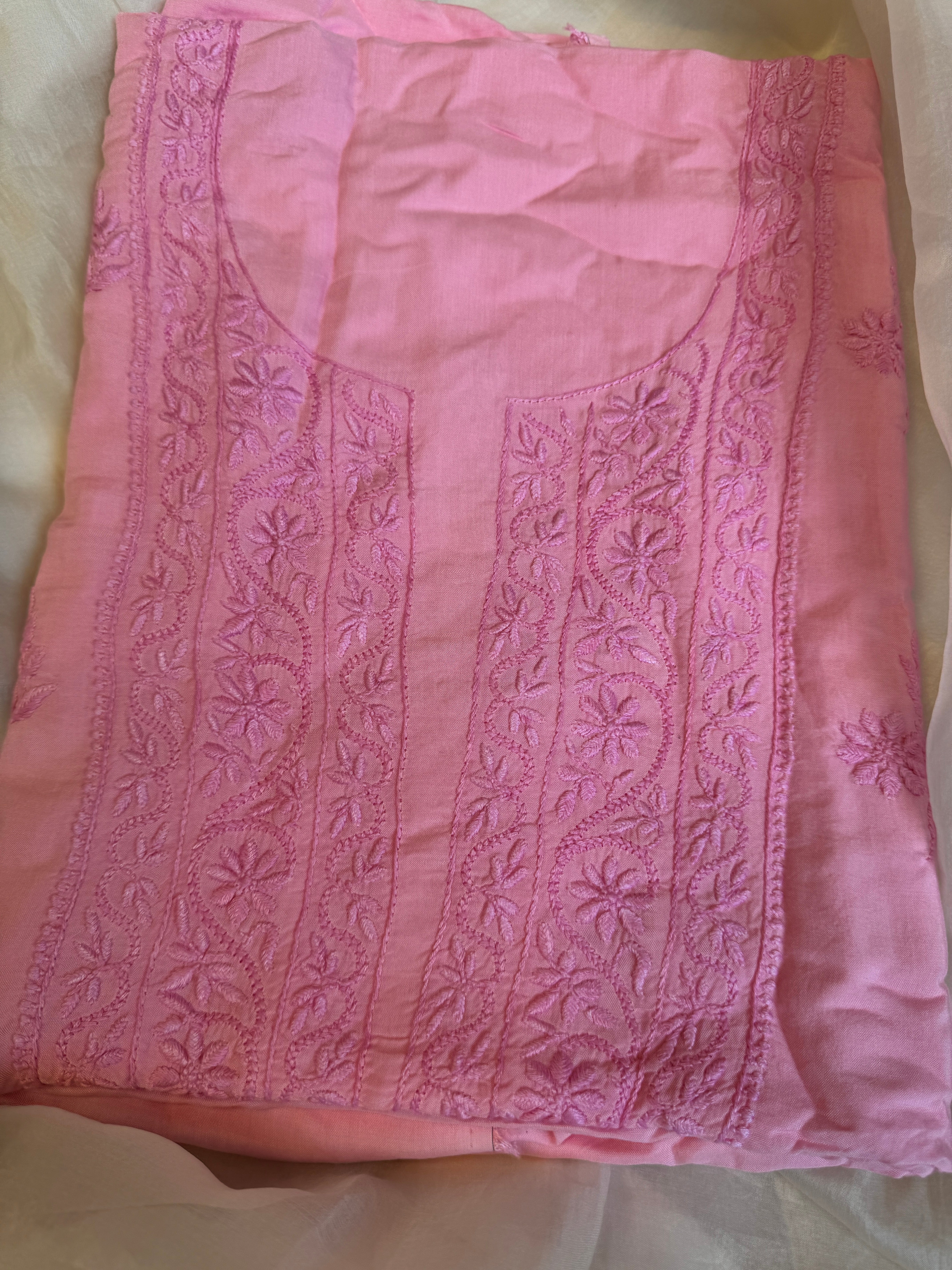 Modal Chikankari Unstitched Kurti Fabric - Pink