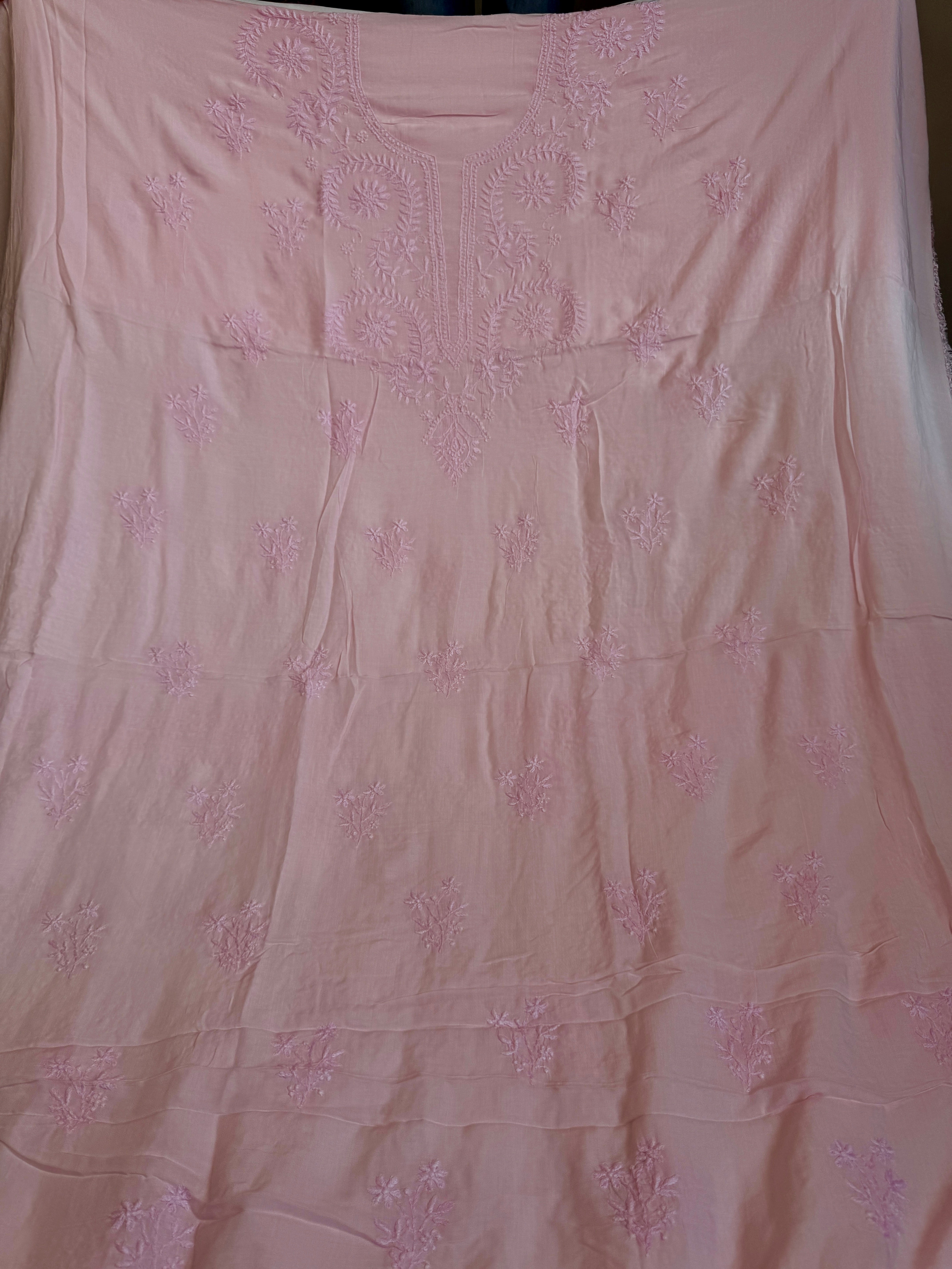 Modal Chikankari Unstitched Kurti Fabric - Pink