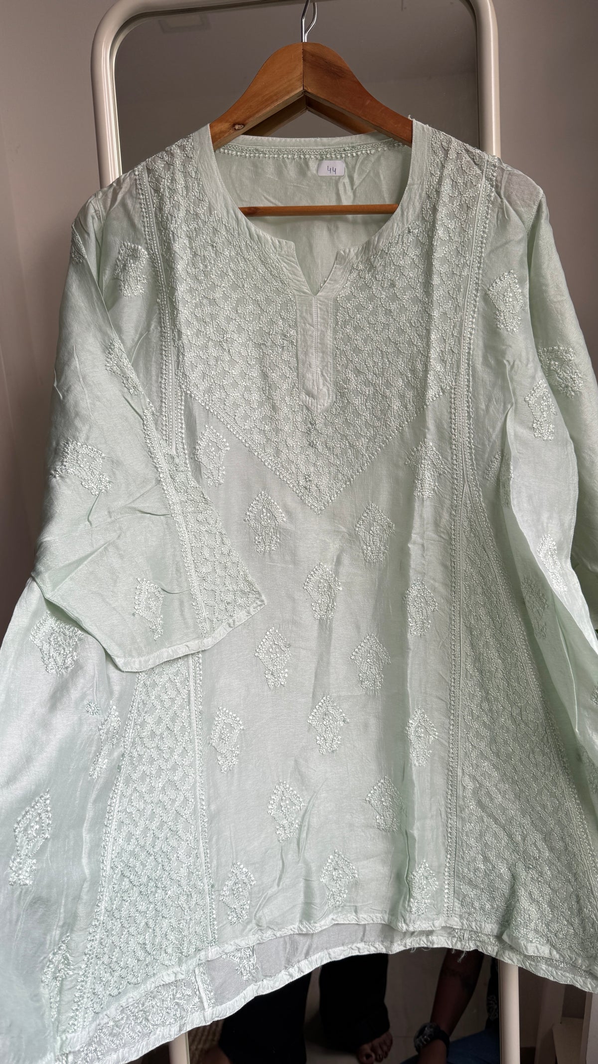 Raw Silk Chikankari kali short Top - Mint green