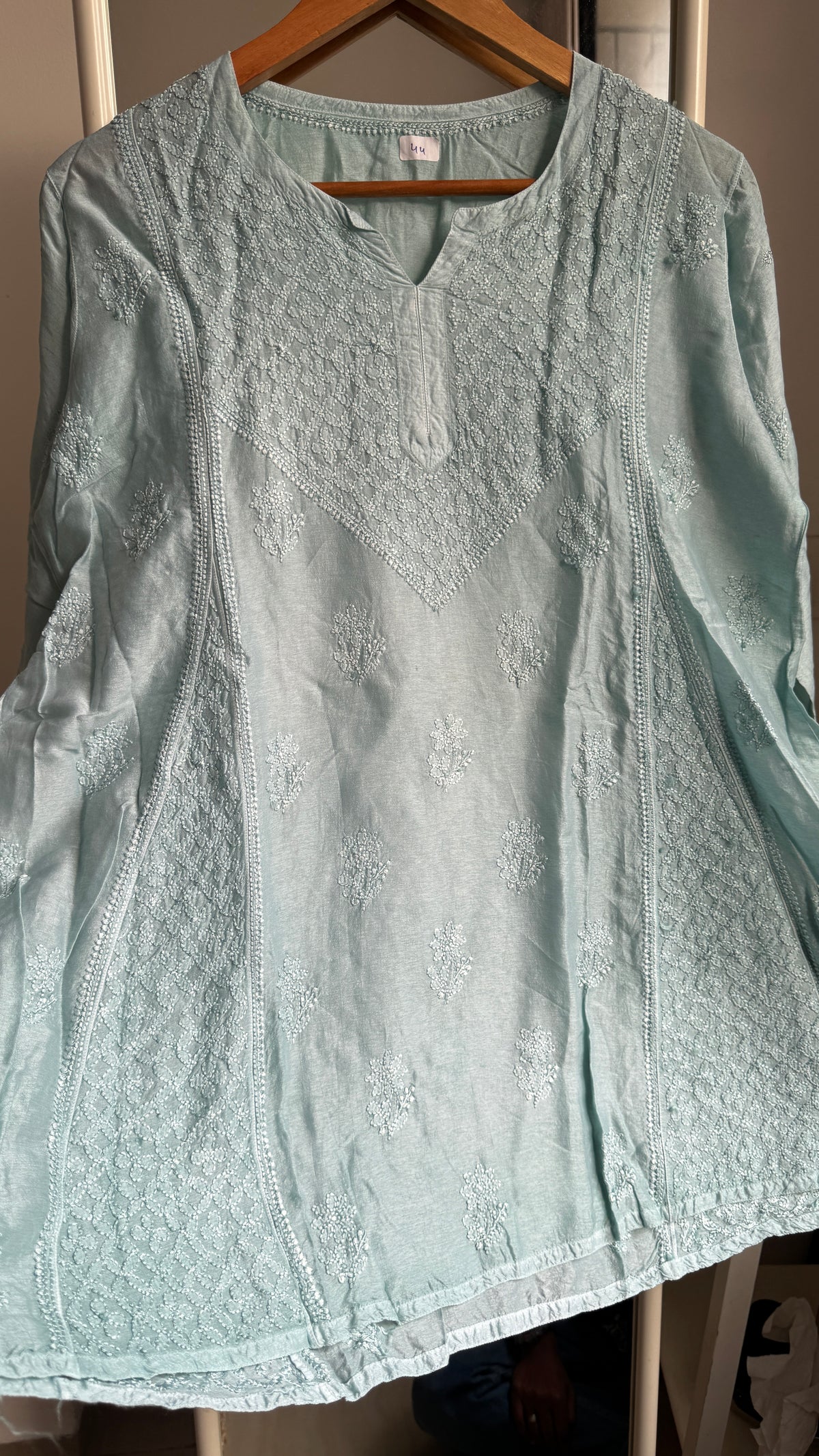Raw Silk Chikankari kali short Top - Mint green