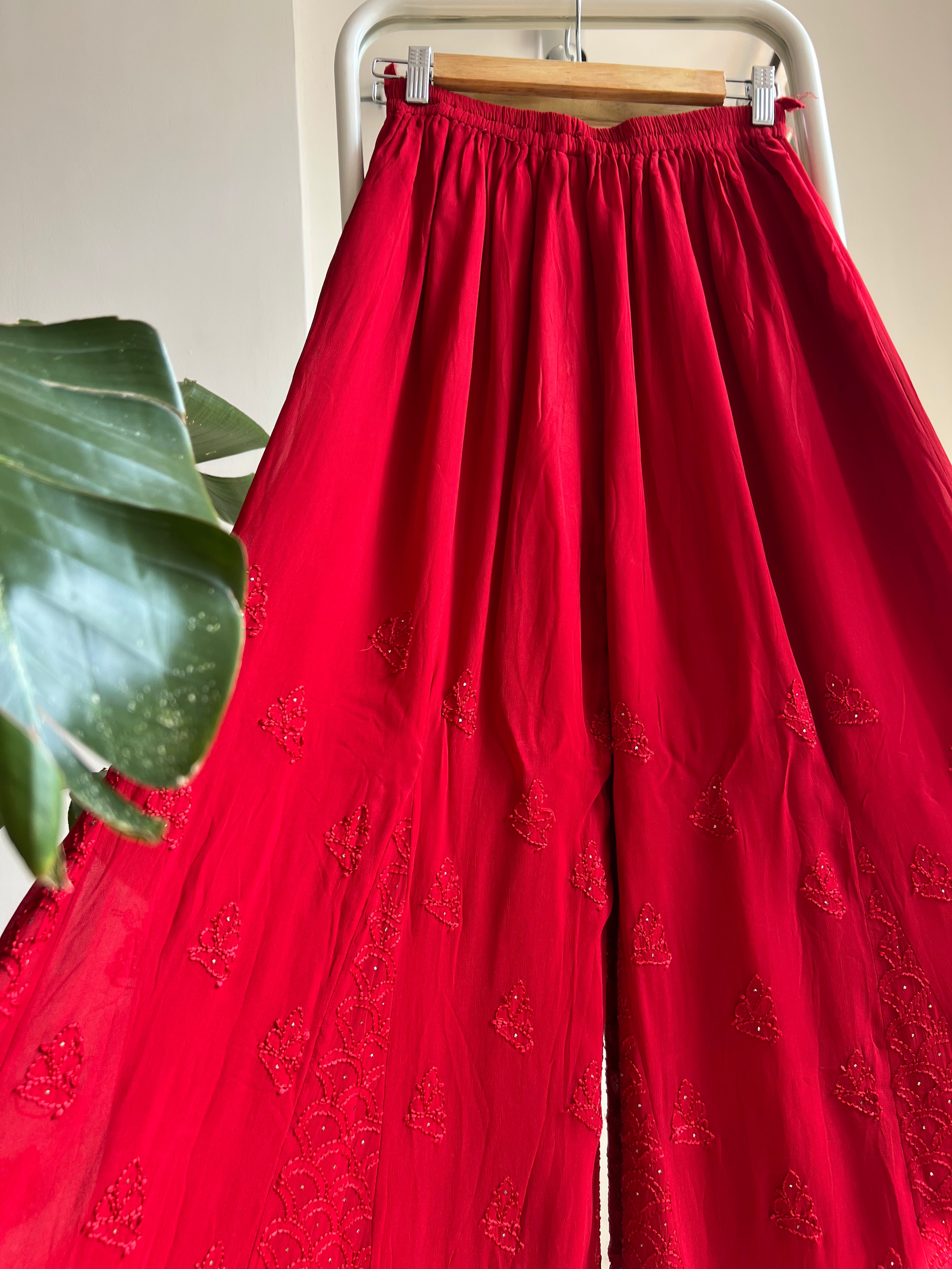 Chikankari Plazzo with mukaish - Flare - Red ARIAA CHIKANKARI 