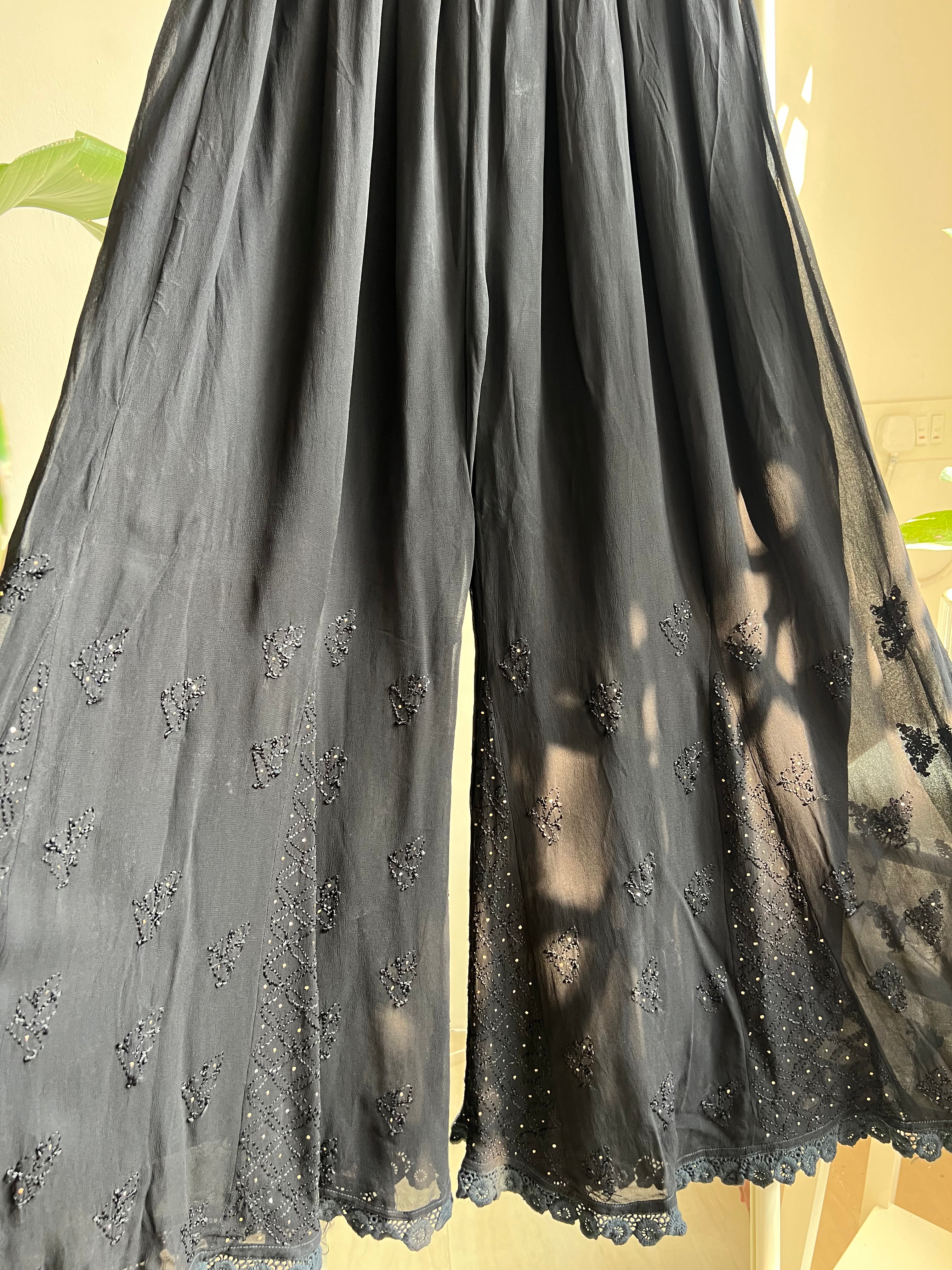 Chikankari Plazzo with mukaish - Flare - Black ARIAA CHIKANKARI 