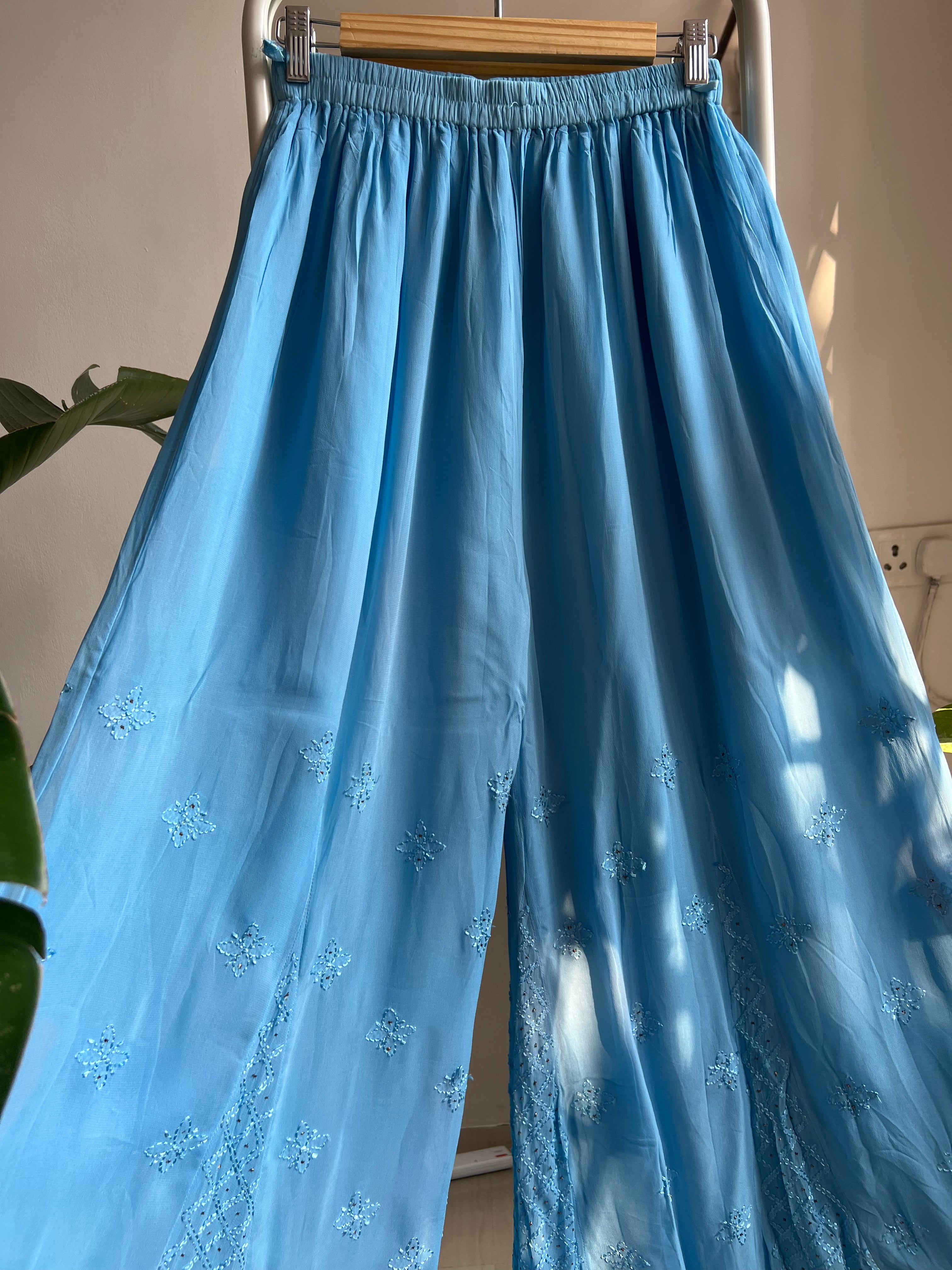 Chikankari Plazzo with mukaish - Flare - Blue ARIAA CHIKANKARI 