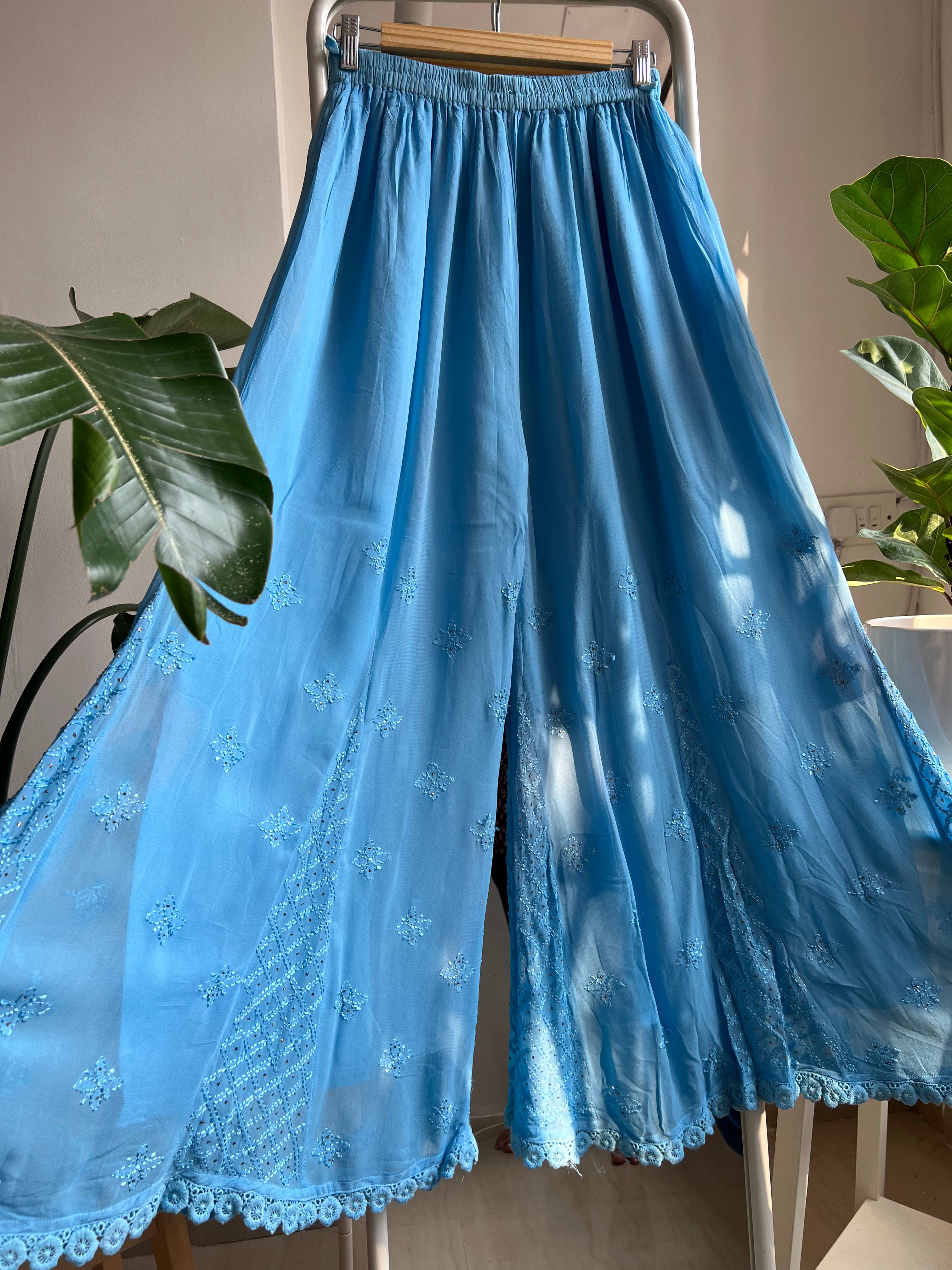 Chikankari Plazzo with mukaish - Flare - Blue ARIAA CHIKANKARI 