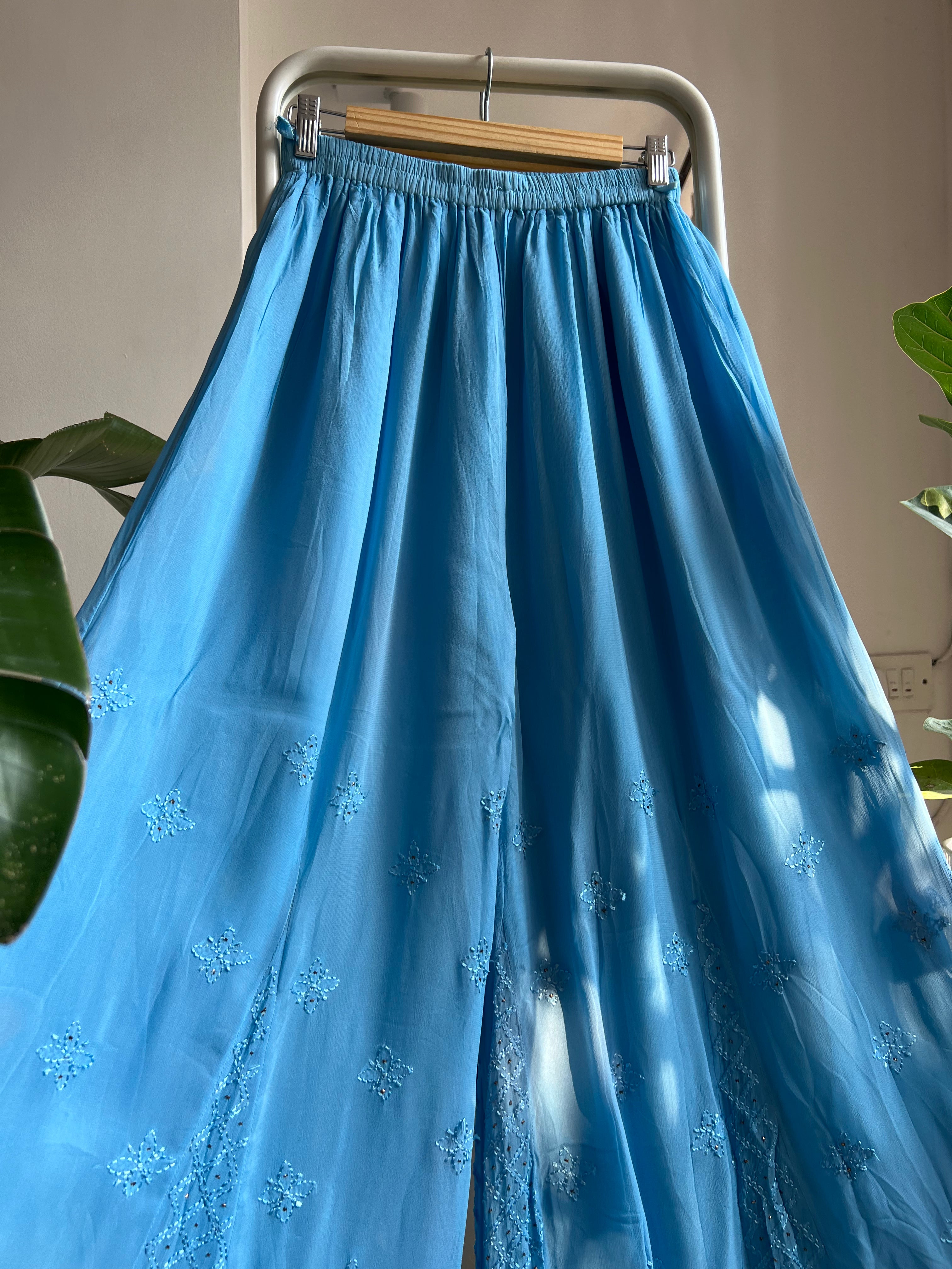 Chikankari Plazzo with mukaish - Flare - Blue ARIAA CHIKANKARI 