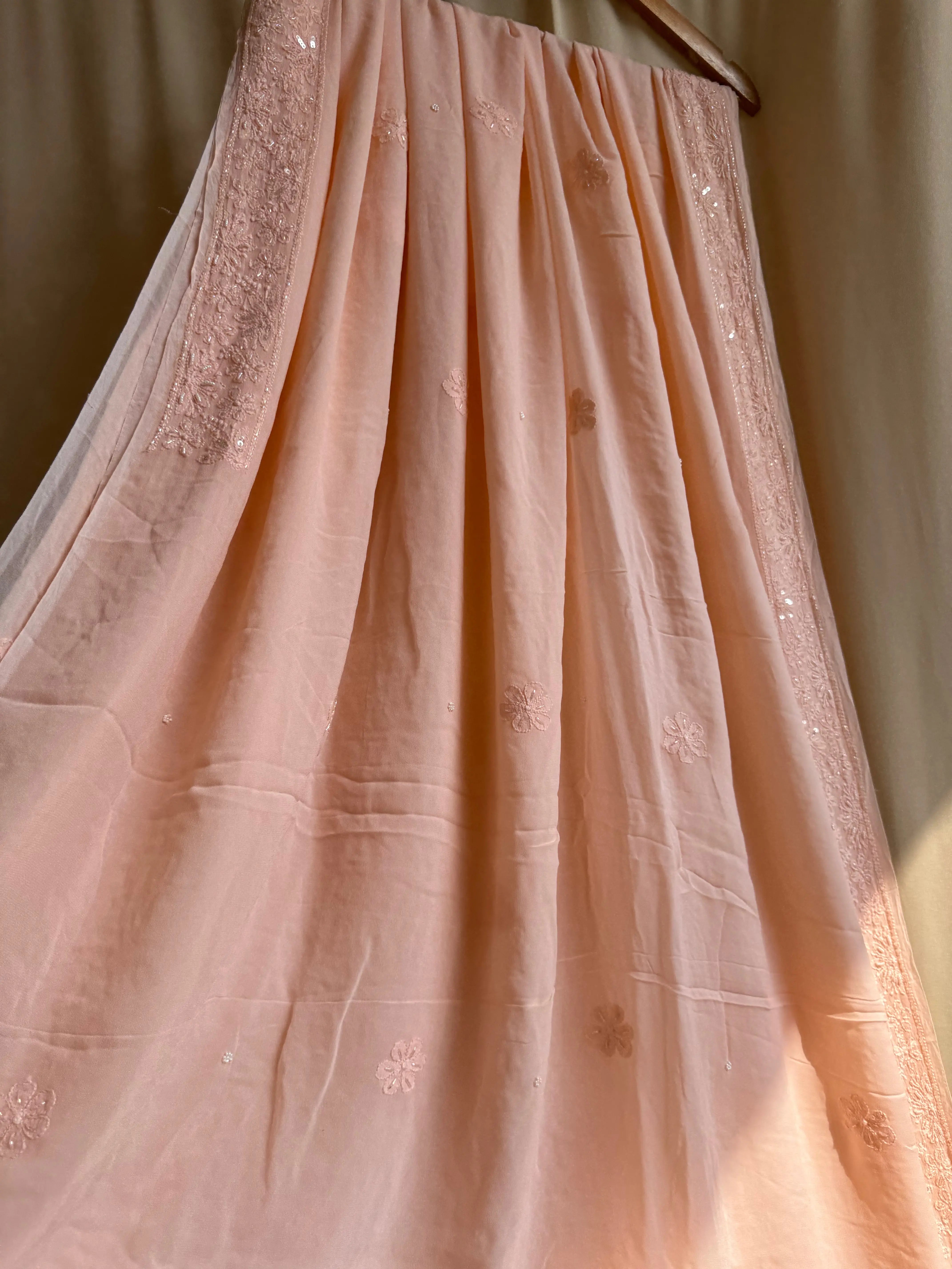 Viscose Peach Chikankari saree with Pearl embellishments ARIAA CHIKANKARI 