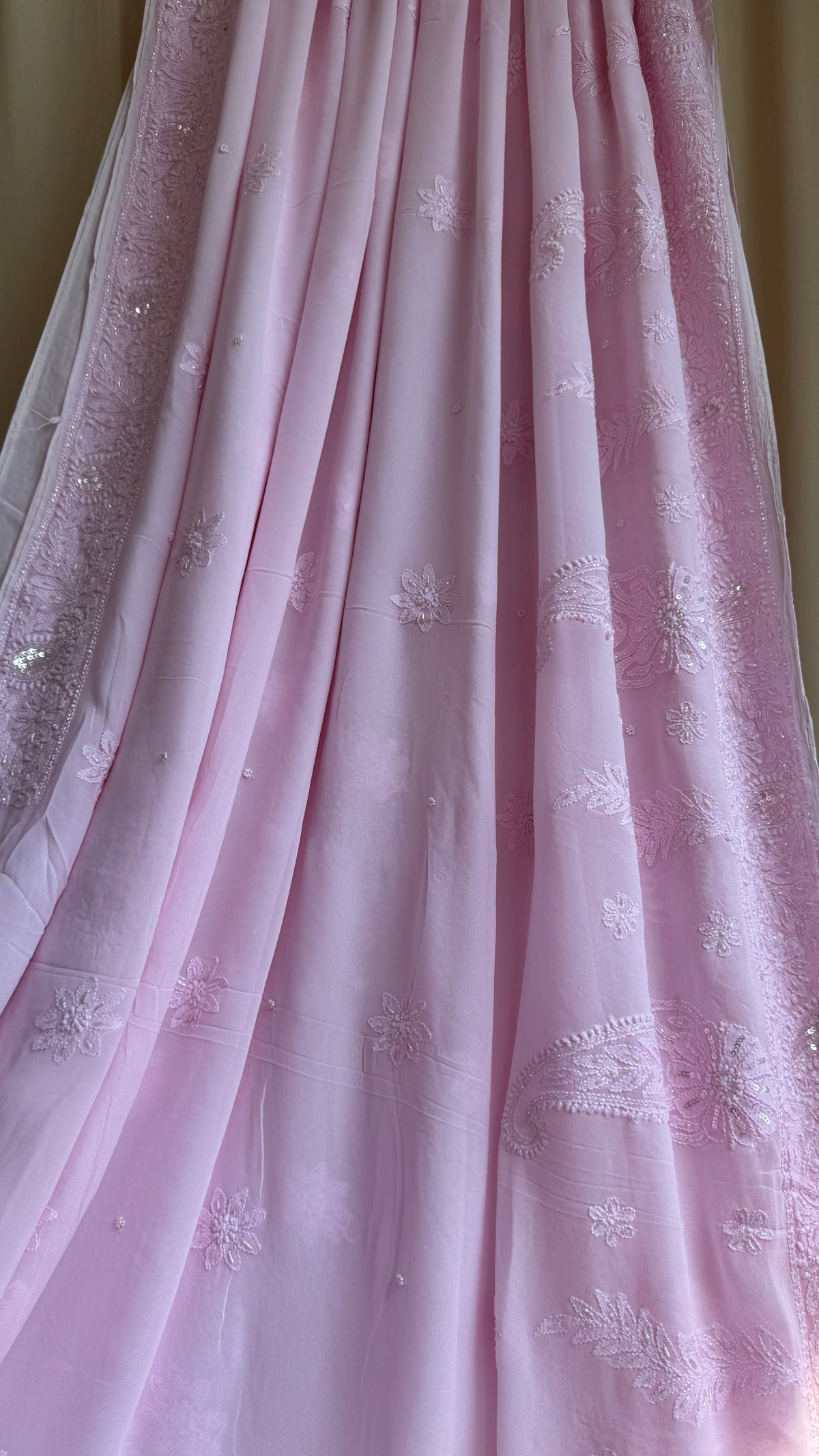 Viscose Chikankari saree with Pearl embellishments - Pink
