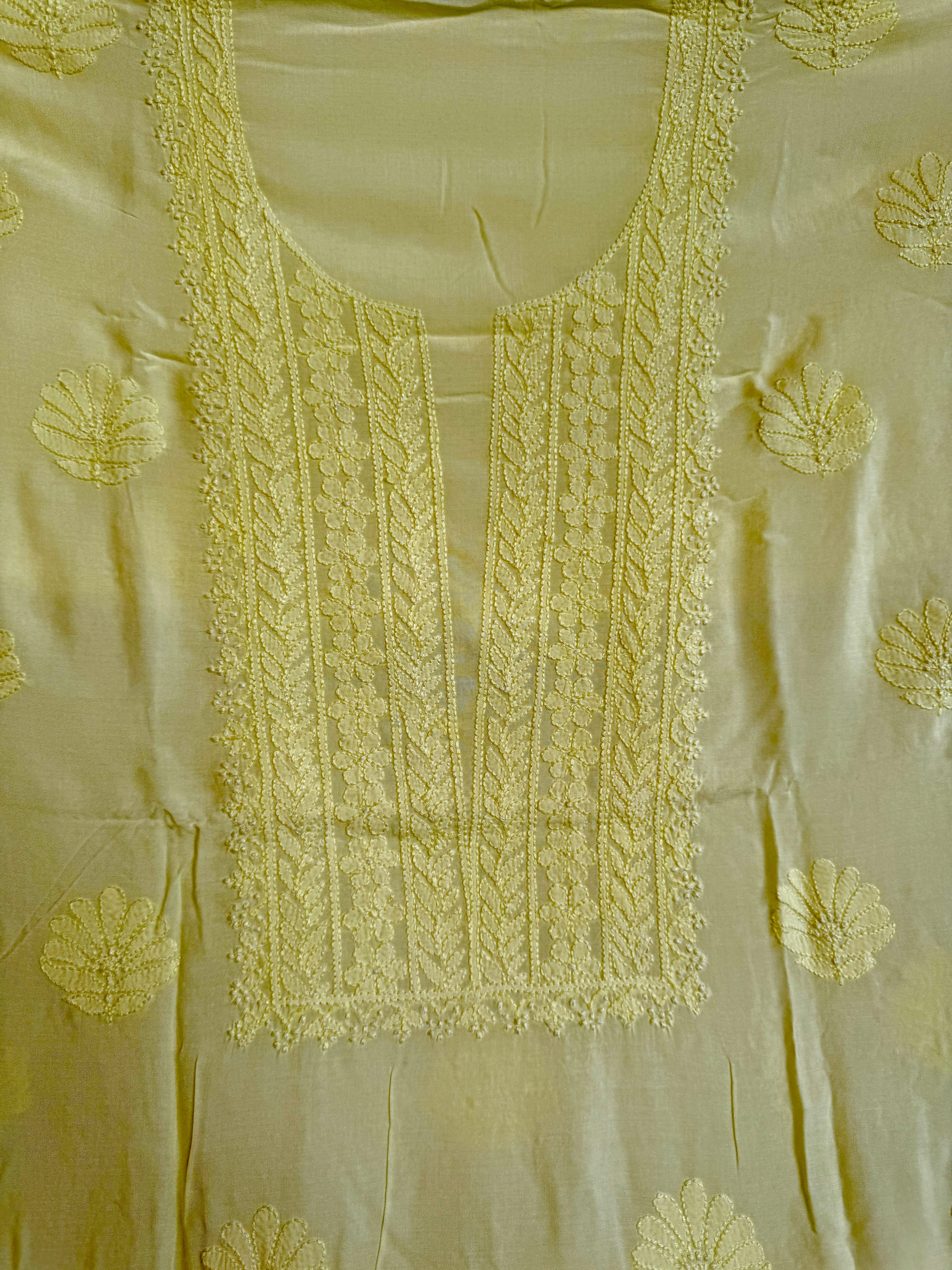 Modal Chikankari Unstitched Kurti Fabric - Lemon Yellow