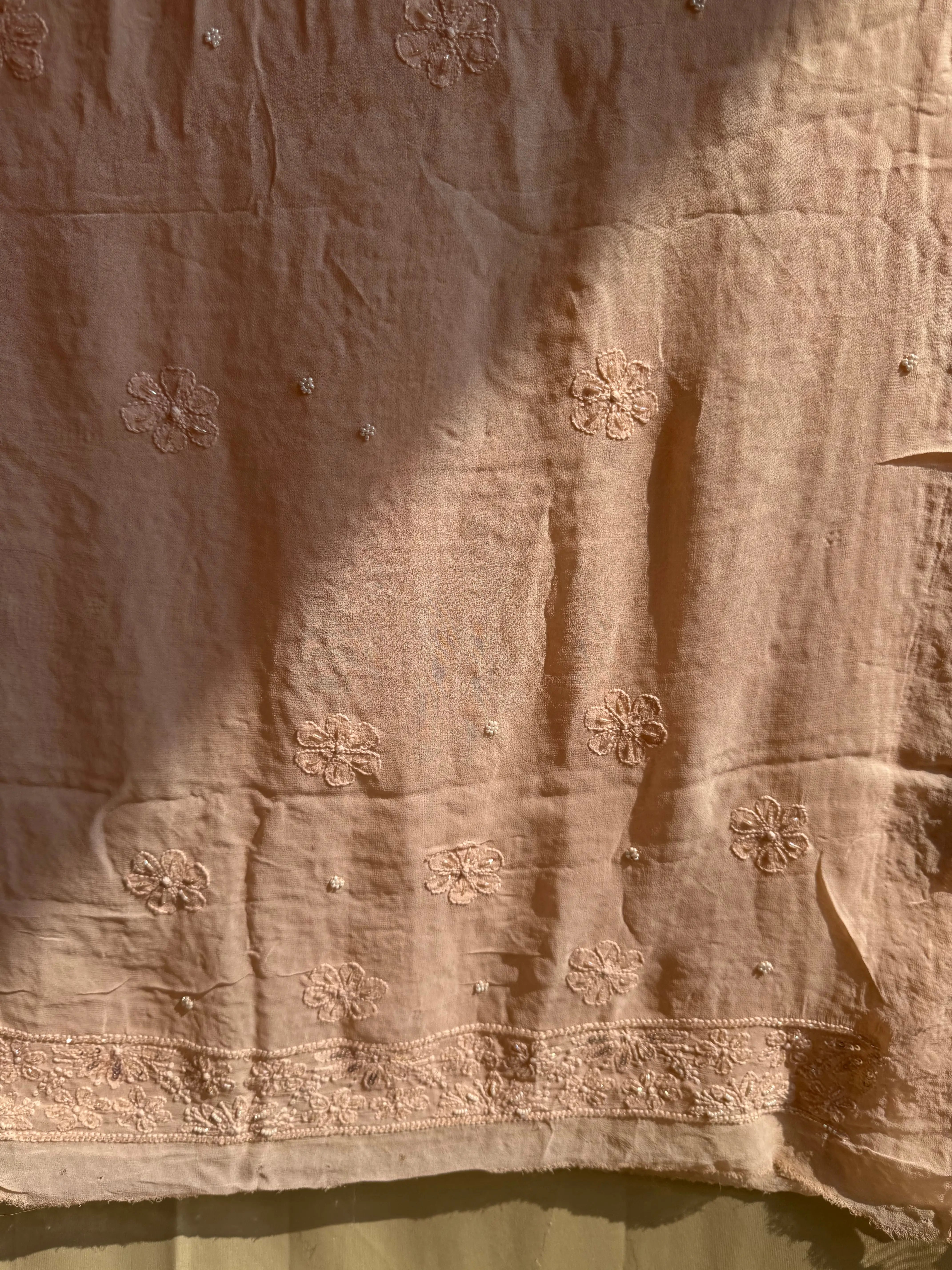 Viscose Peach Chikankari saree with Pearl embellishments ARIAA CHIKANKARI 