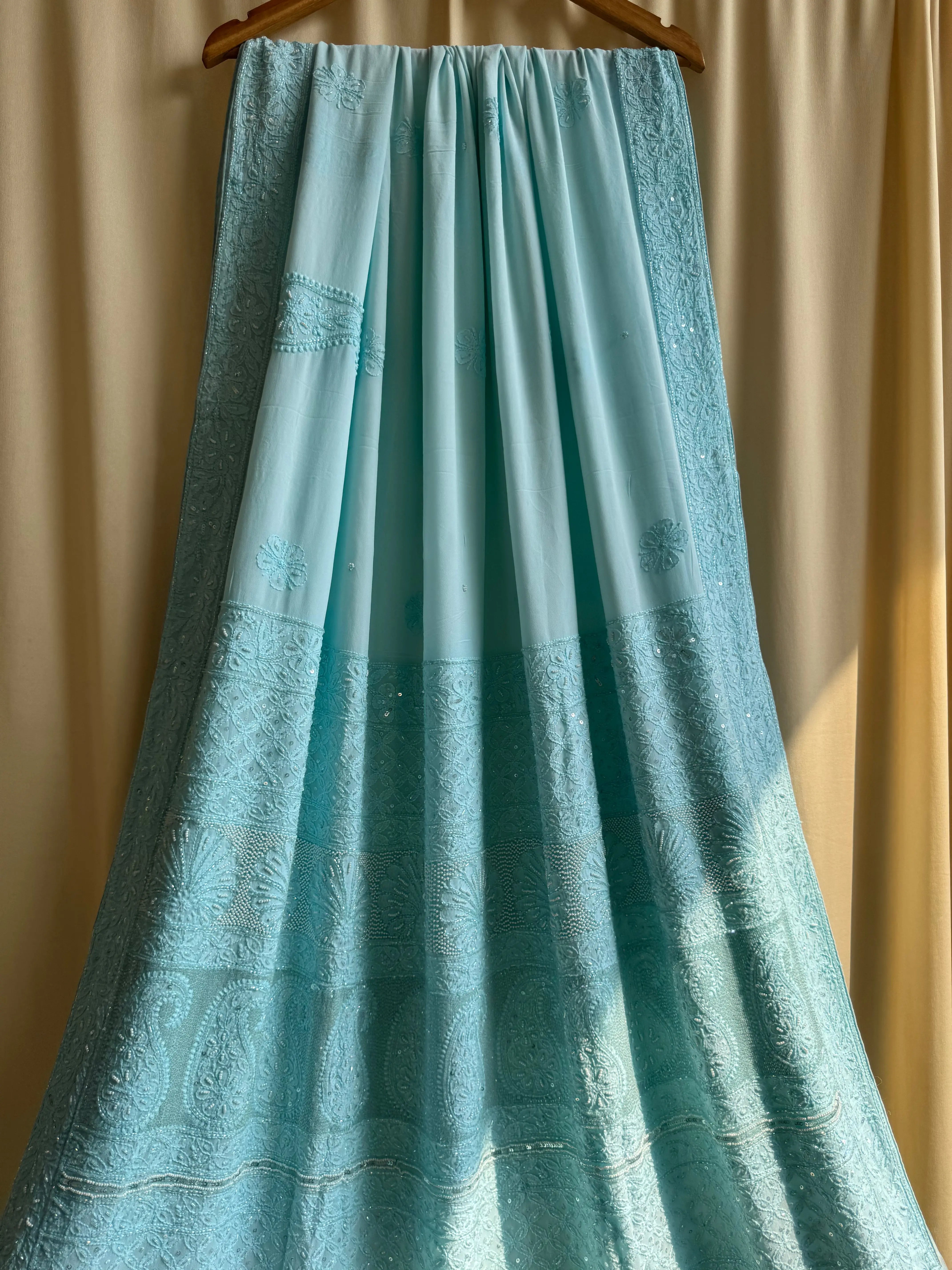 Viscose Blue Chikankari saree with Pearl embellishments ARIAA CHIKANKARI 