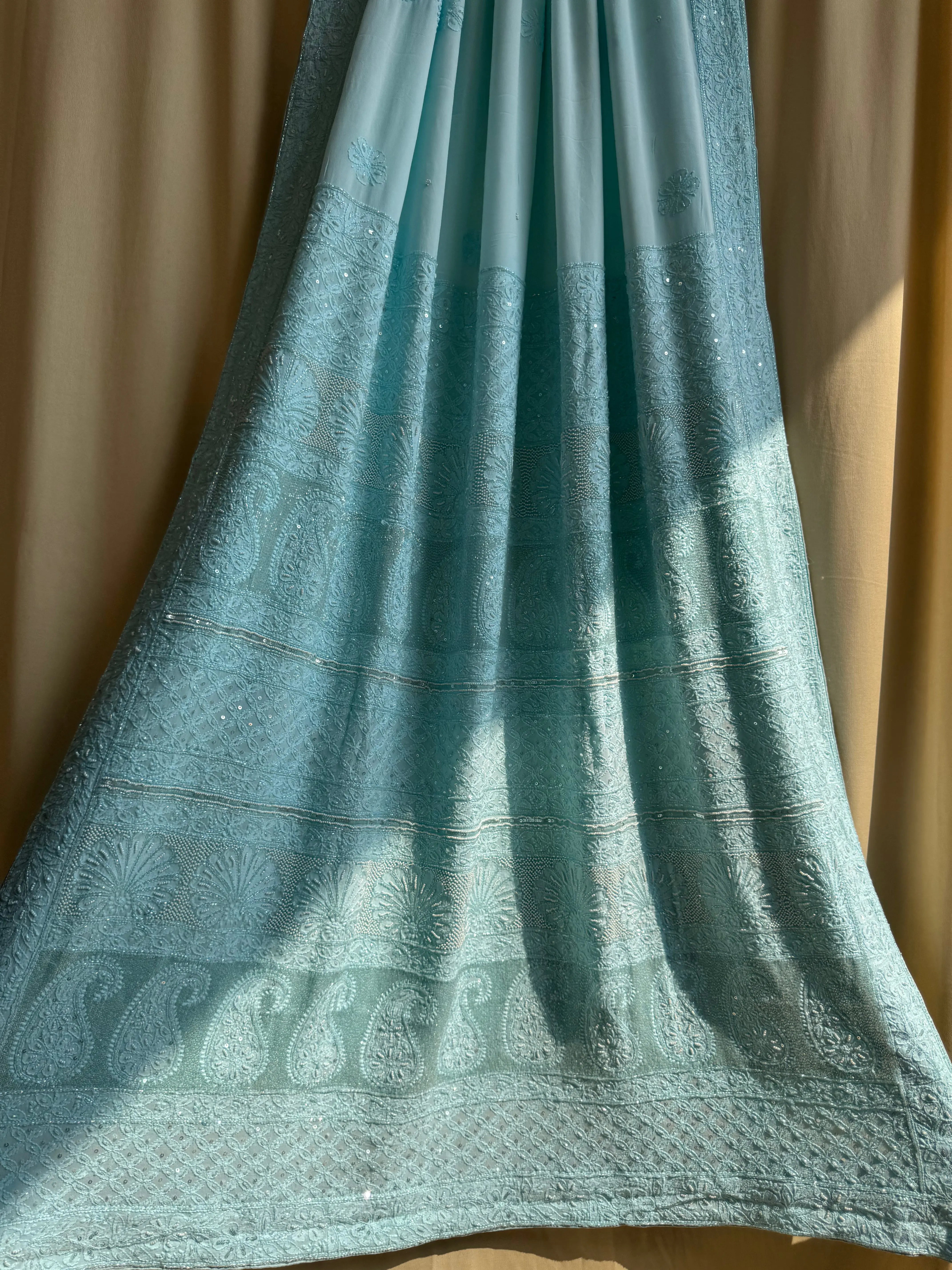 Viscose Blue Chikankari saree with Pearl embellishments ARIAA CHIKANKARI 