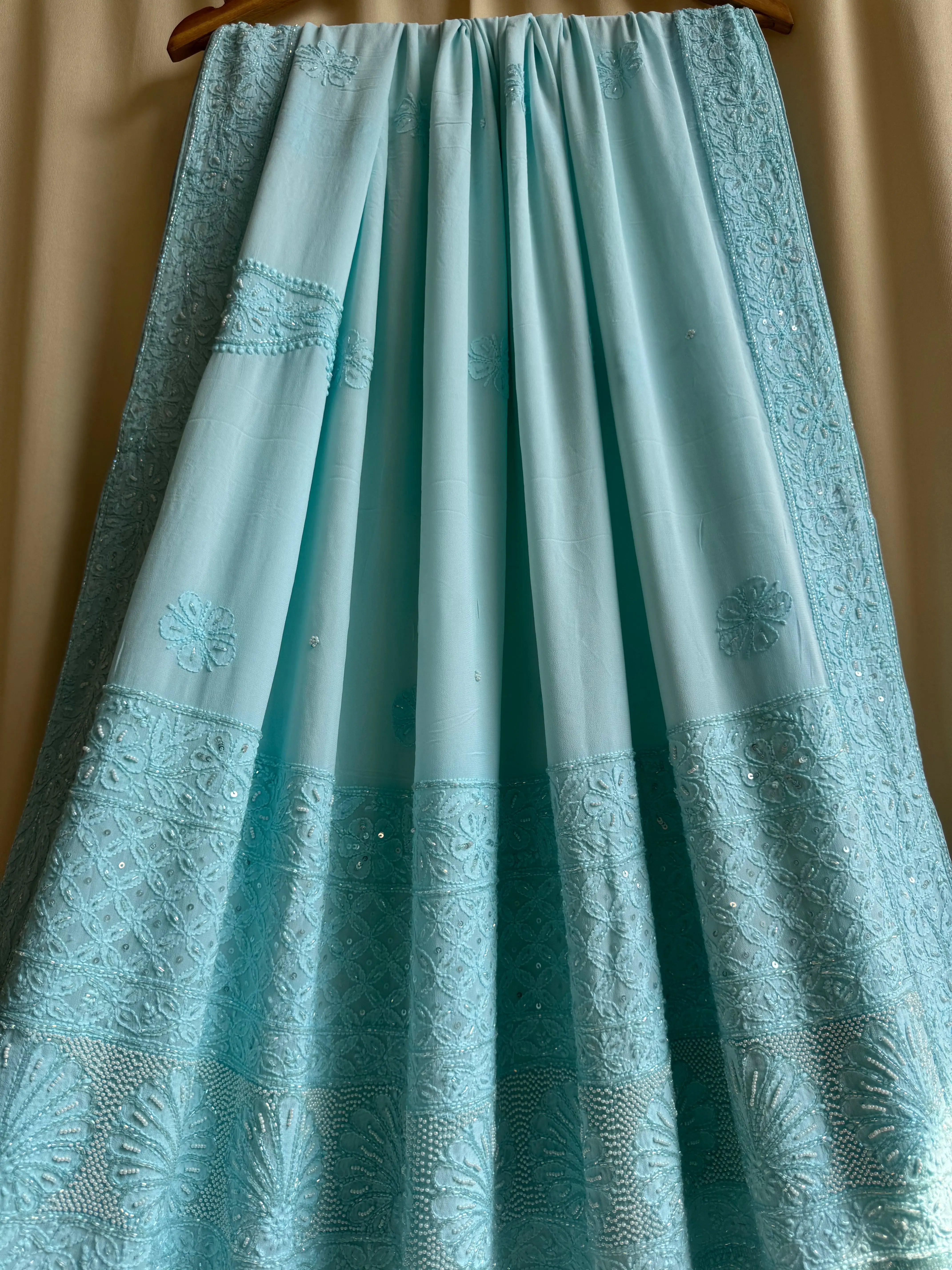 Viscose Blue Chikankari saree with Pearl embellishments ARIAA CHIKANKARI 
