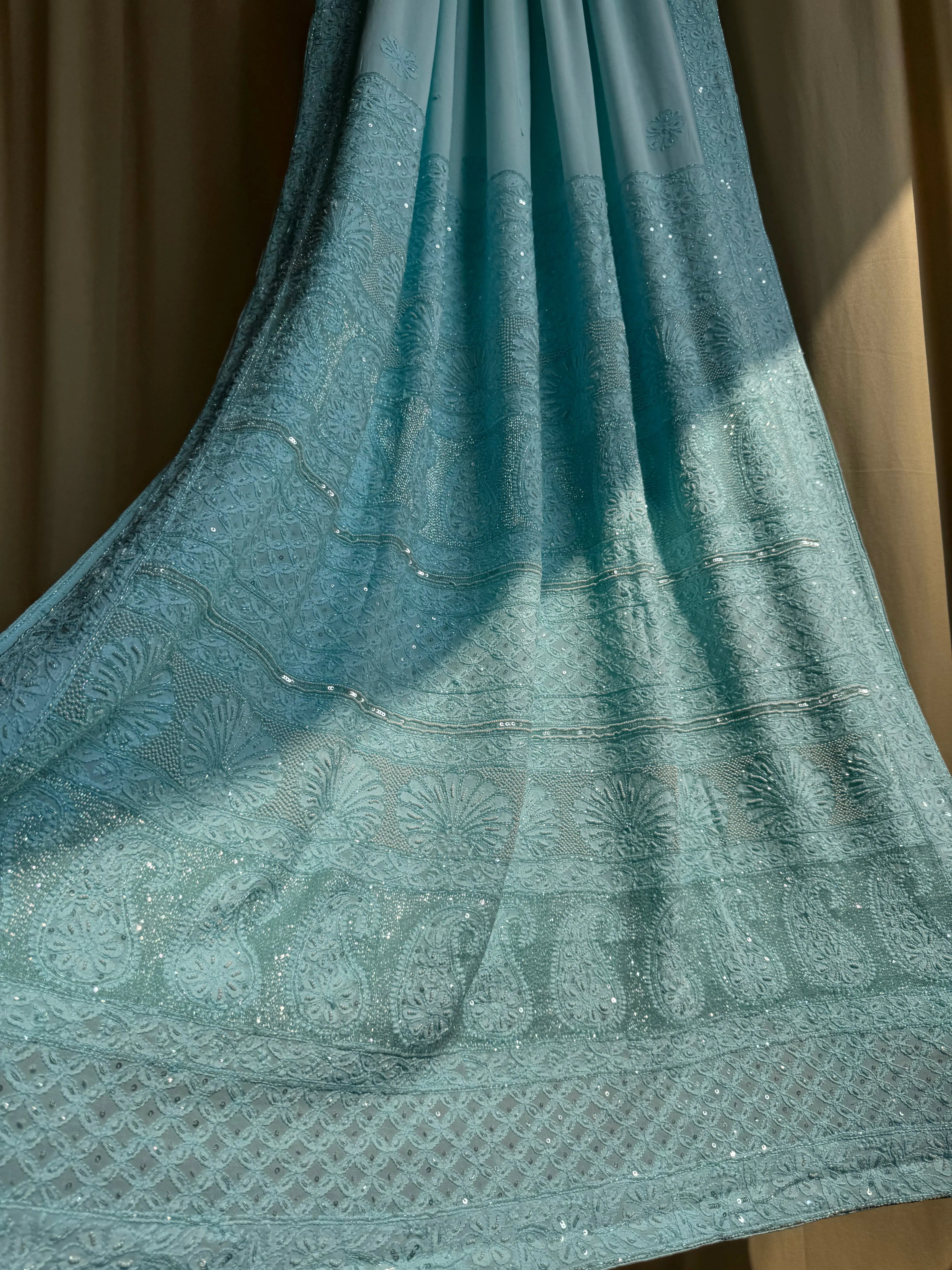 Viscose Blue Chikankari saree with Pearl embellishments ARIAA CHIKANKARI 
