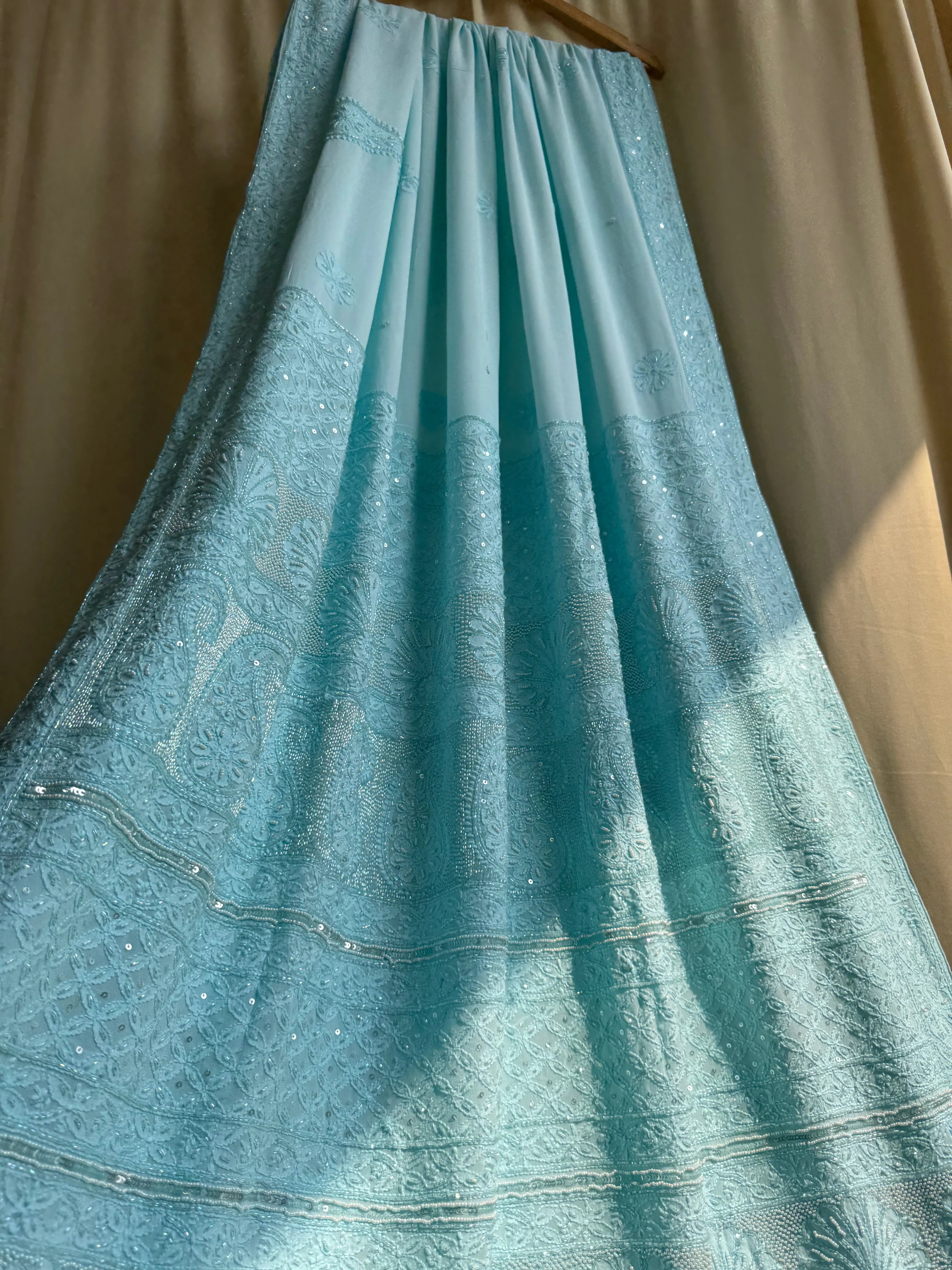 Viscose Blue Chikankari saree with Pearl embellishments ARIAA CHIKANKARI 