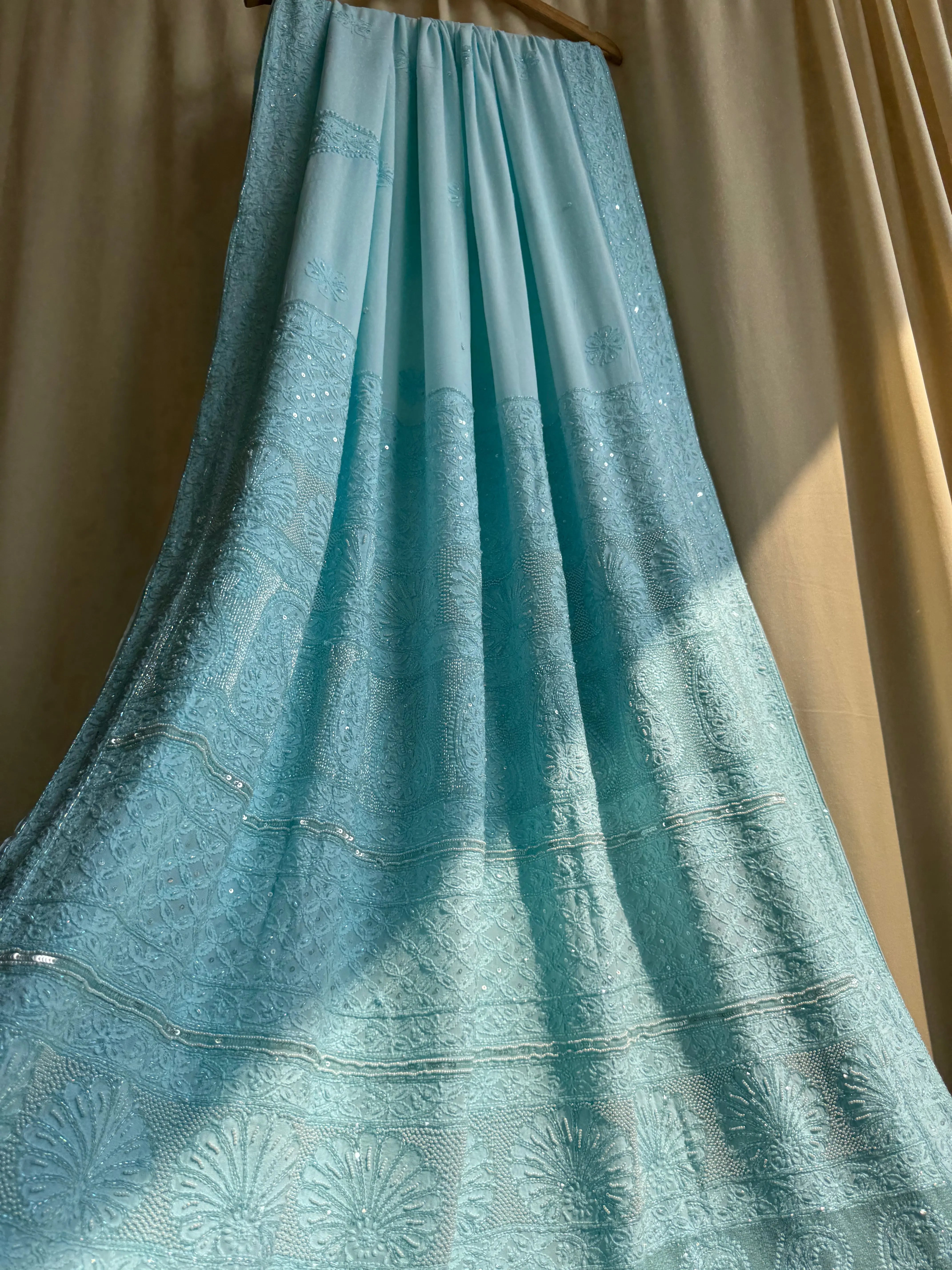 Viscose Blue Chikankari saree with Pearl embellishments ARIAA CHIKANKARI 